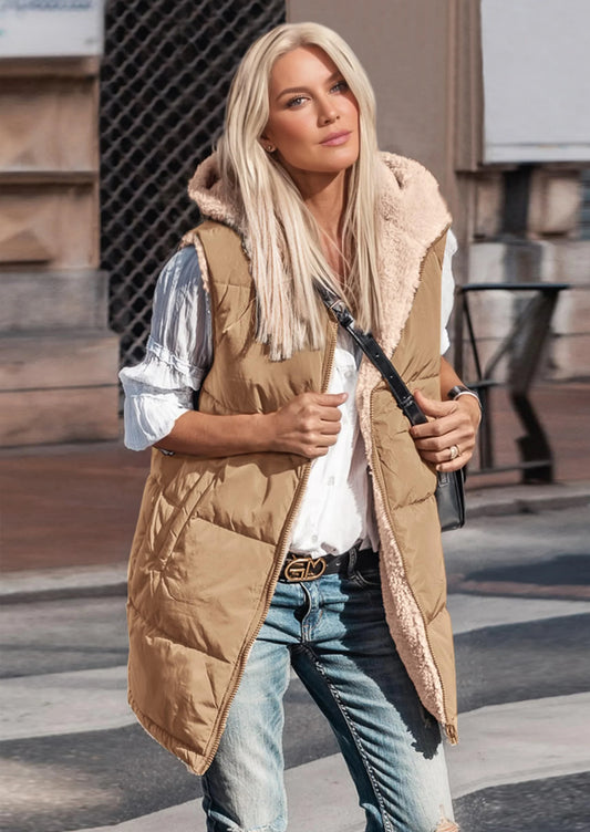 Womens Fall Reversible Vests Sleeveless Fleece Jacket Zip Up Hoodie Pockets Long Warm Winter Coat Outerwear