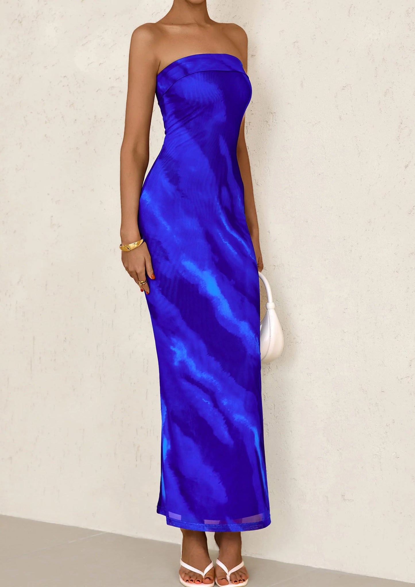 Womens Printed Tube Maxi Dress Strapless Bodycon Sleeveless Night Out Long Dresses