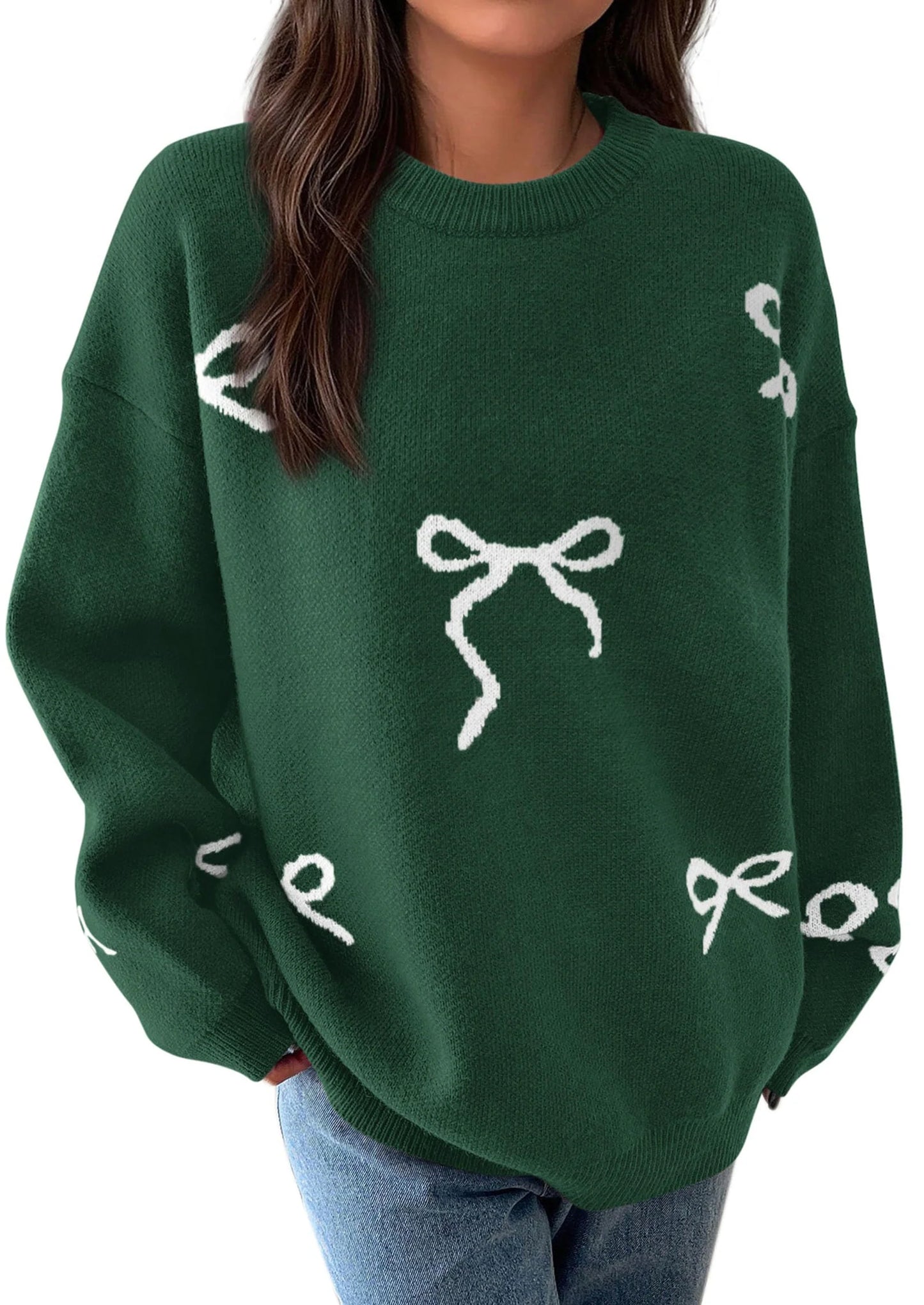 Fall Long Sleeve Pullover Sweaters for Women Trendy Crewneck Casual Cute Bow Chunky Knit Oversized Sweater
