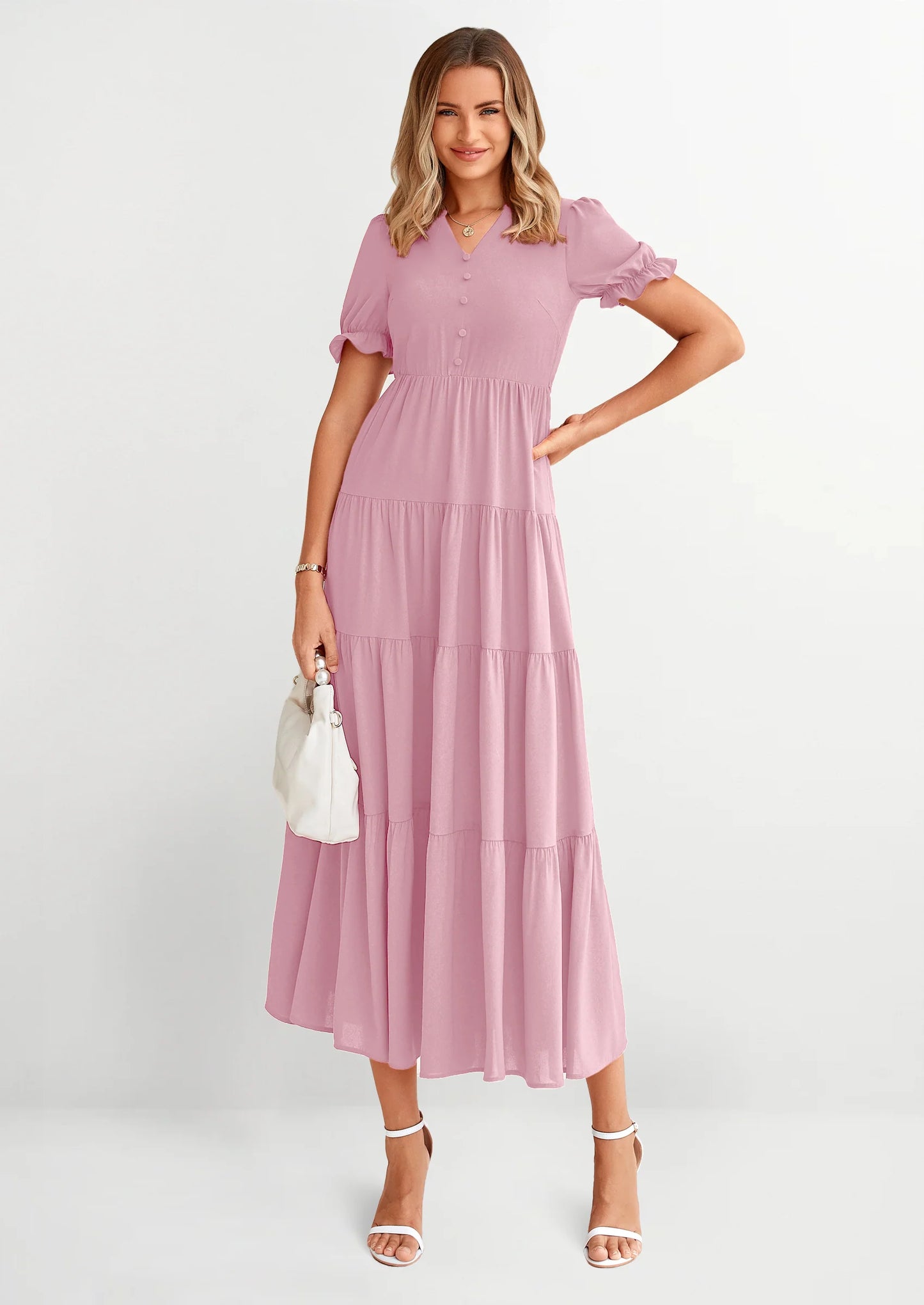 Women's Casual Short Sleeve V Neck Midi Dresses Spring A-line Tiered Wedding Guest Dress