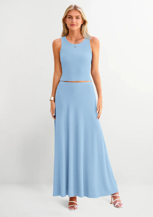 2 Piece Maxi Skirt Sets Casual Knit Cropped Tank Top High Waisted Long Skirts Outfit