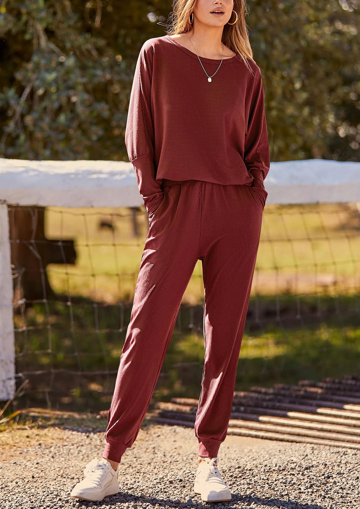 Women's Fall 2 Piece Lounge Set Long Sleeve Tops Ribbed Pants Spring Matching Sweatsuit Travel Outfits Clothes