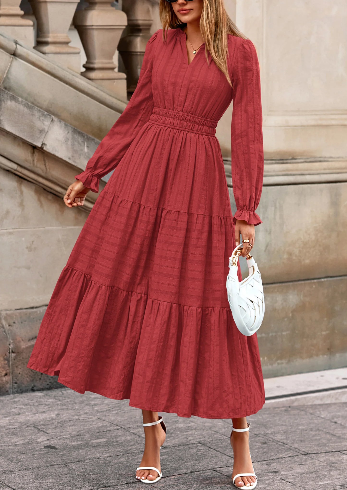 Women's Fall Wedding Guest Dresses Long Sleeve V Neck Flowy Elegant Holiday Party Maxi Dress with Pockets