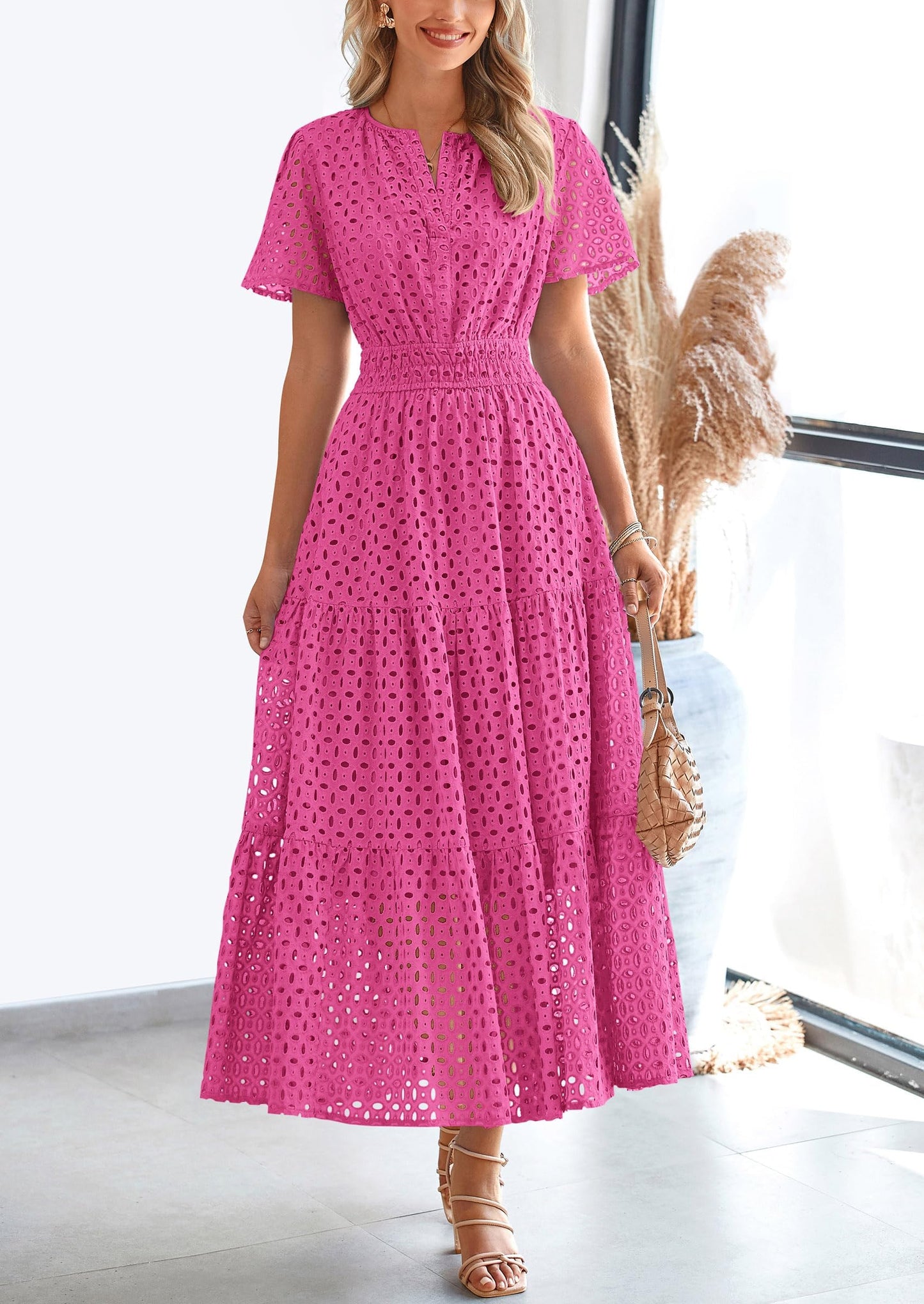 Womens Maxi Dress Short Sleeve V Neck Hollow Out Eyelet A Line Long Flowy Beach Vacation Dresses