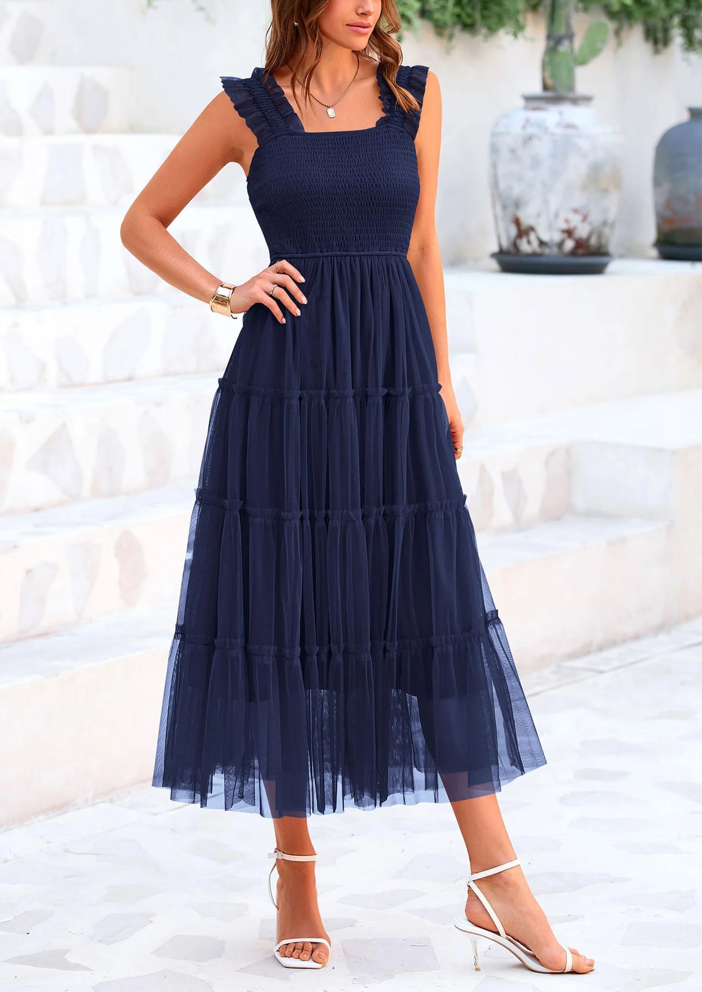 Women's Tulle Midi Dress Sleeveless Smocked Ruffle Mesh Flowy Dresses Party Wedding Guest Sundress