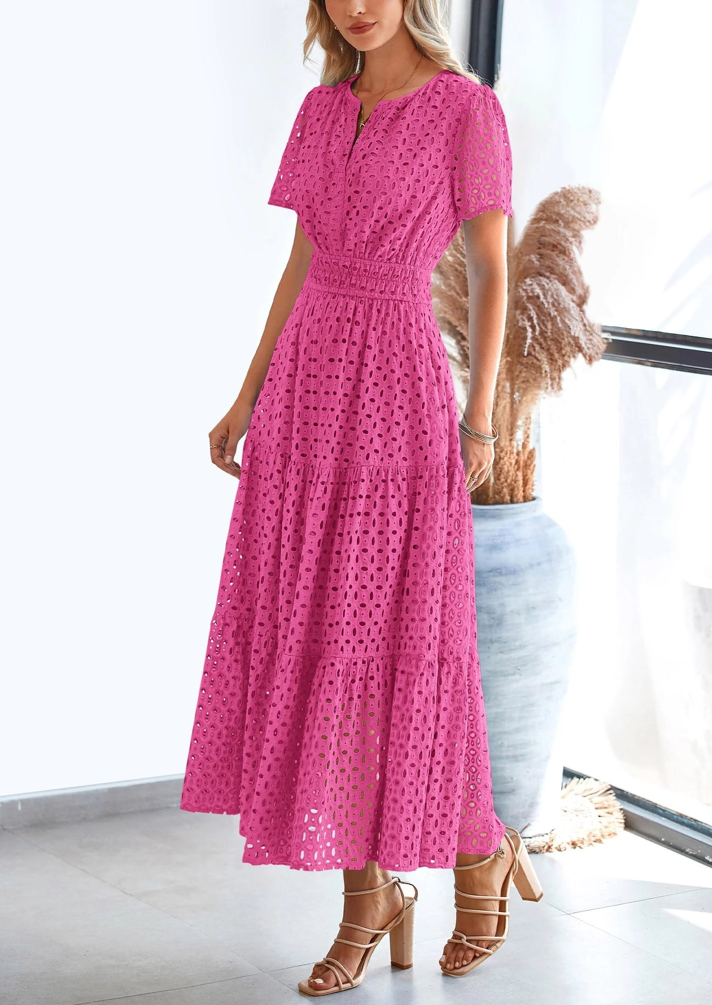 Womens Maxi Dress Short Sleeve V Neck Hollow Out Eyelet A Line Long Flowy Beach Vacation Dresses
