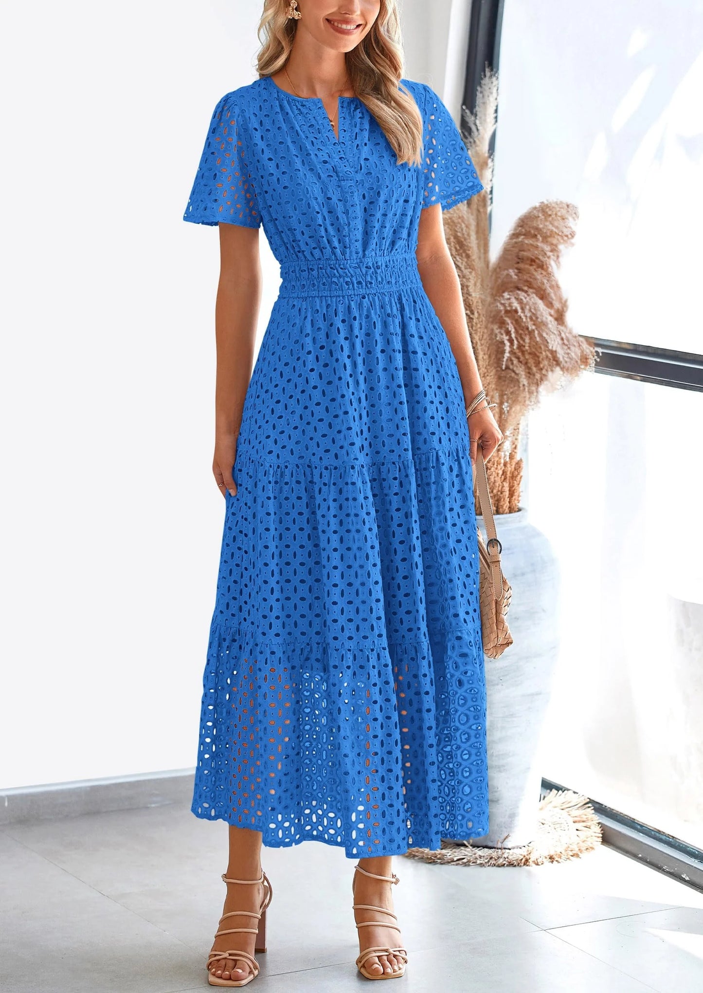 Womens Maxi Dress Short Sleeve V Neck Hollow Out Eyelet A Line Long Flowy Beach Vacation Dresses
