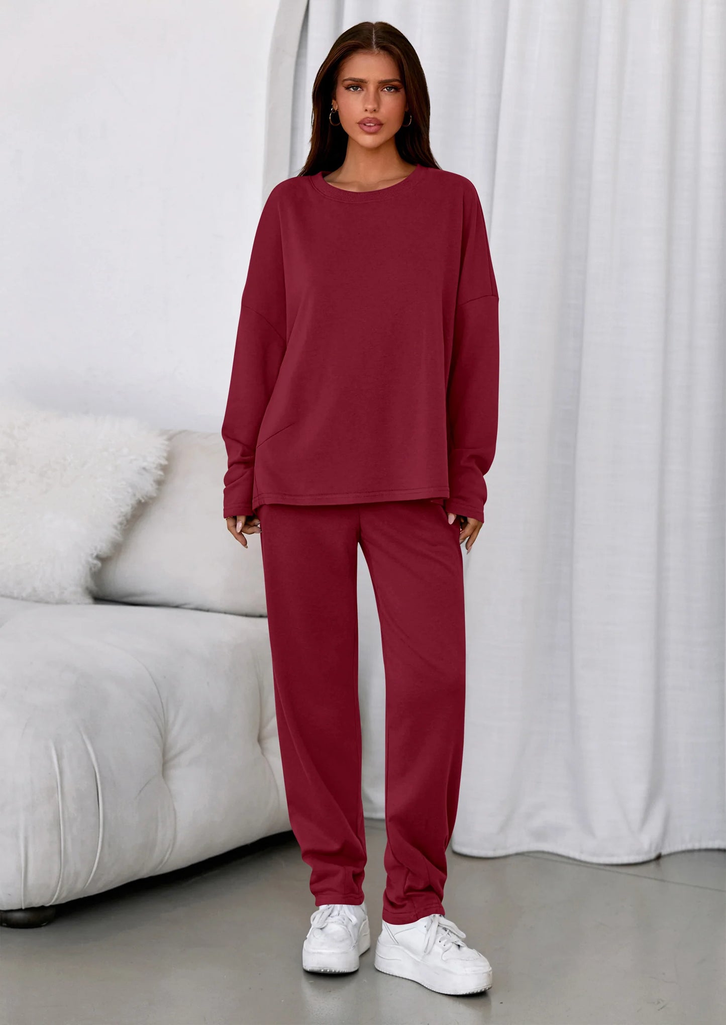 Womens 2 Piece Matching Lounge Sets Fall Long Sleeve Boatneck Sweatsuit Drawstring Sweatpants Pockets