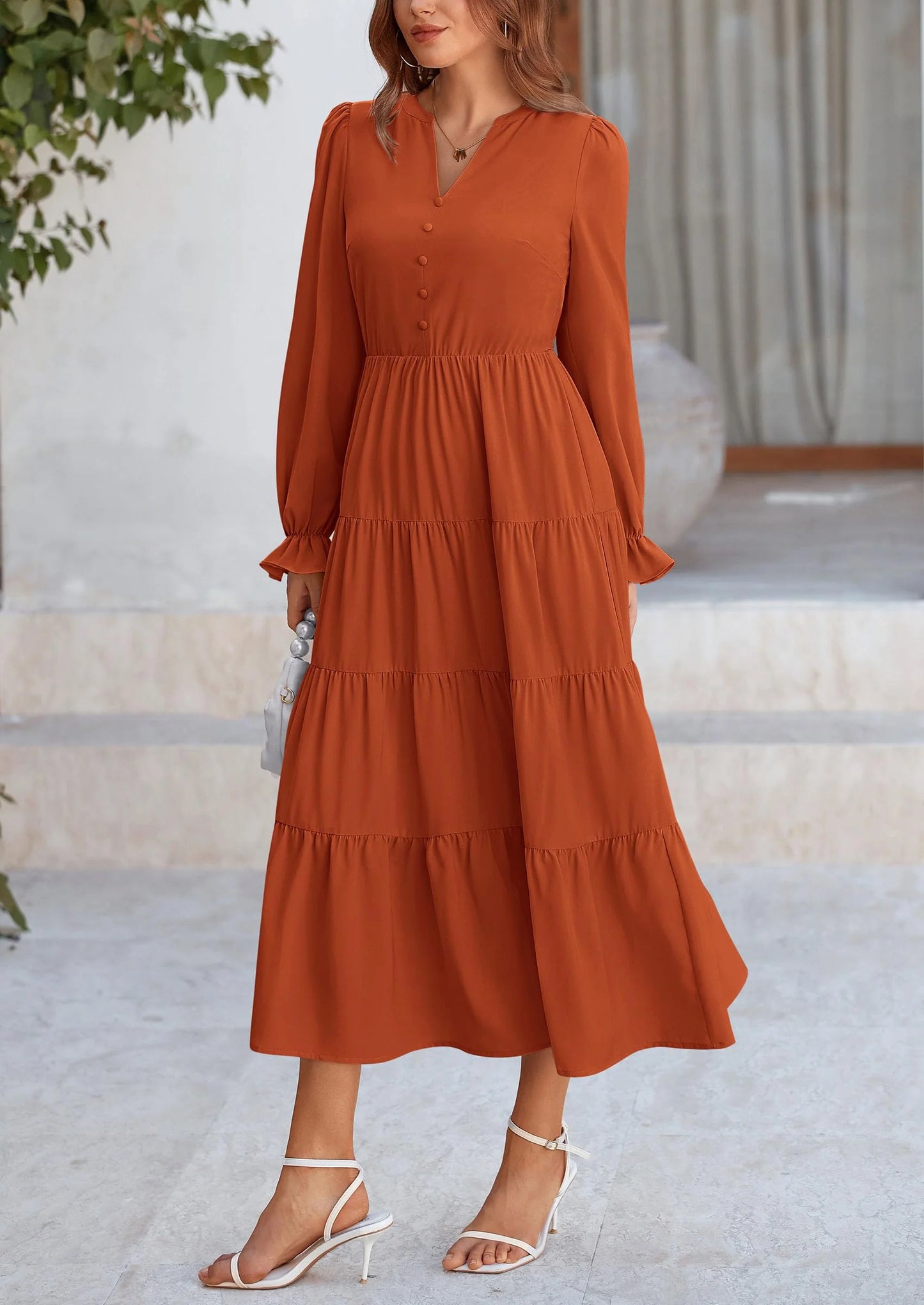 Women Fall Long Sleeve Smocked Maxi Dress Casual Square Neck Swiss Dot Tiered Ruffle Flowy Spring Pocket Dresses