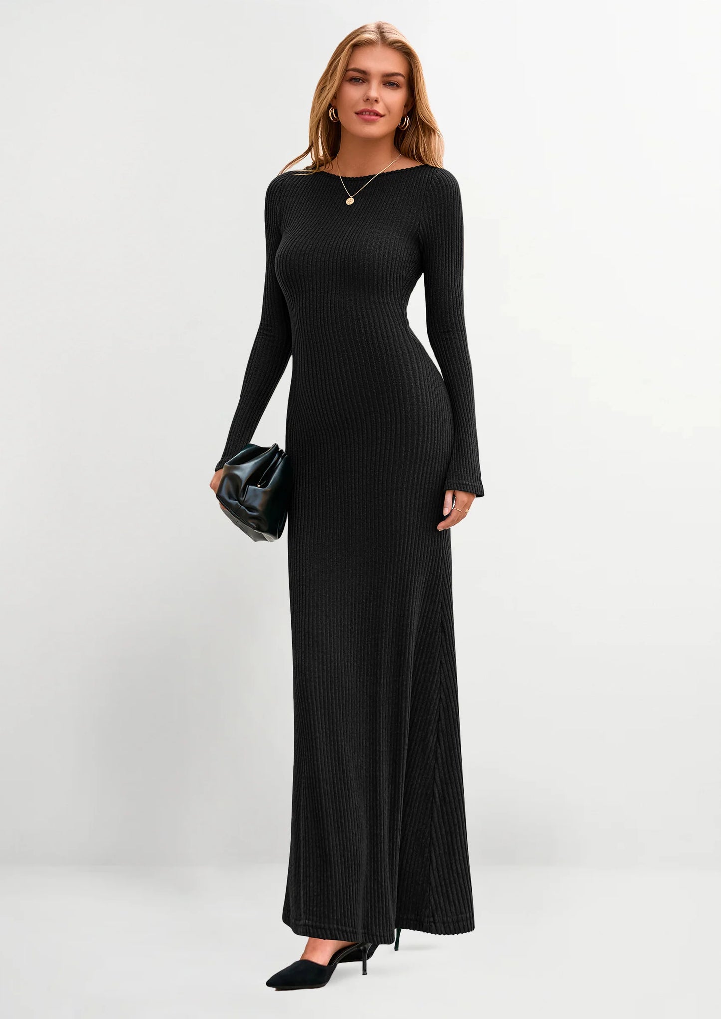 Women's Fall Fashion Long Sleeve Maxi Dress Ribbed Knit Boat Neck Bodycon Casual Dresses Going Out Outfits