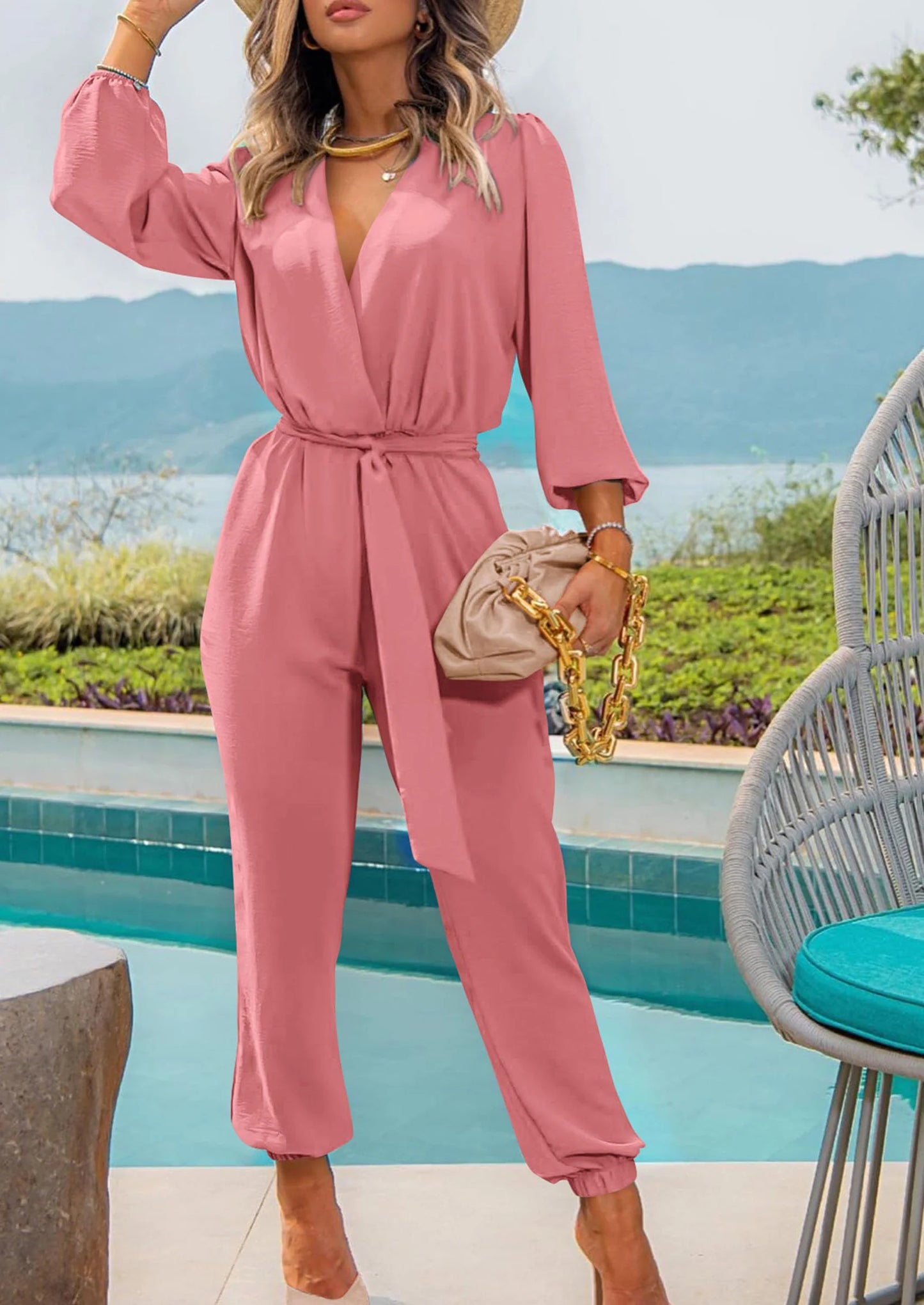 Women's Fall Jumpsuits Dressy Casual Pants Romper Spring Long Sleeve V Neck Belt Pockets One Piece Outfits