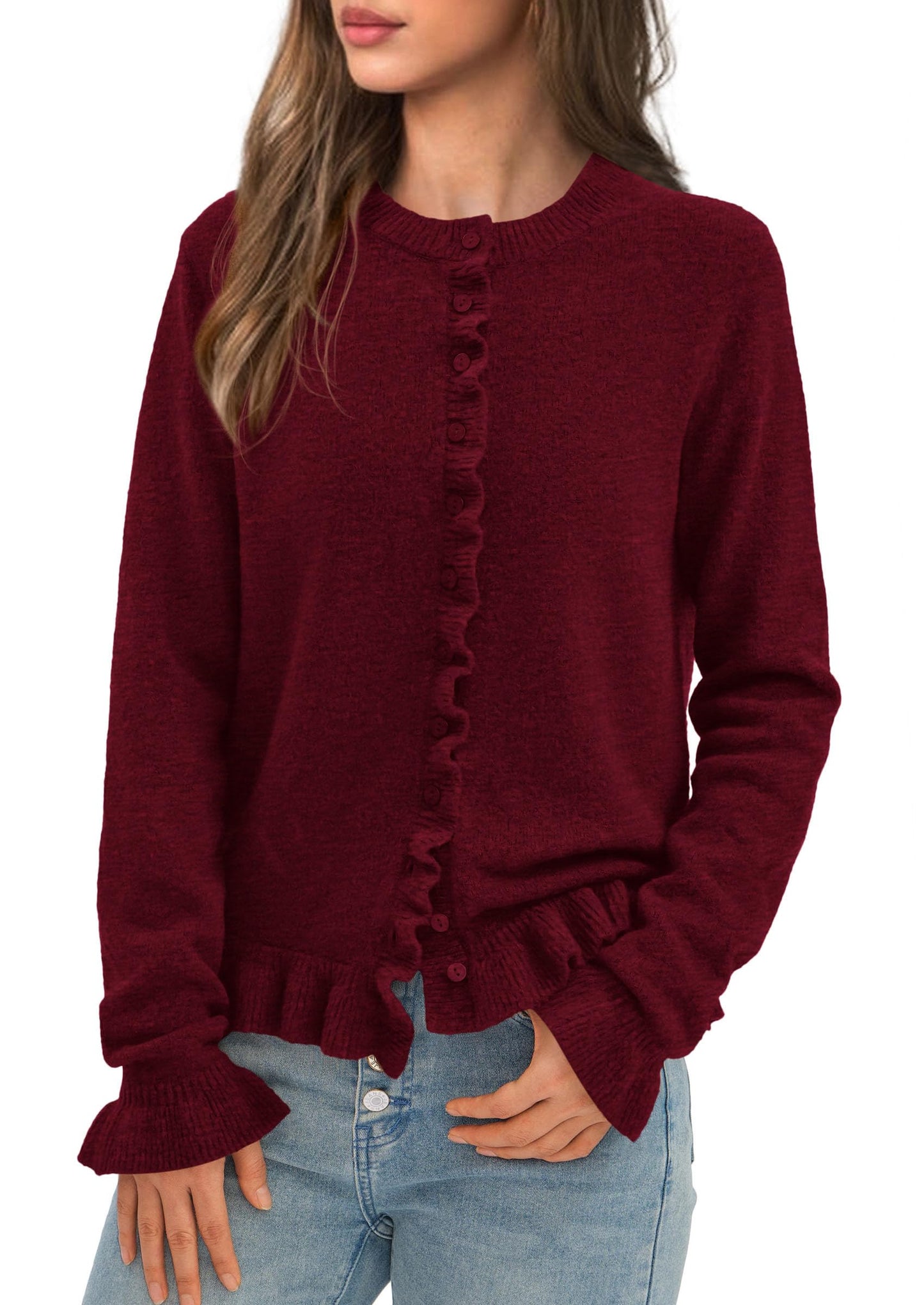 Womens Fall Button Down Cardigans Chunky Knit Ruffle Open Front Cropped Cardigan Sweaters Soft Long Sleeve Tops