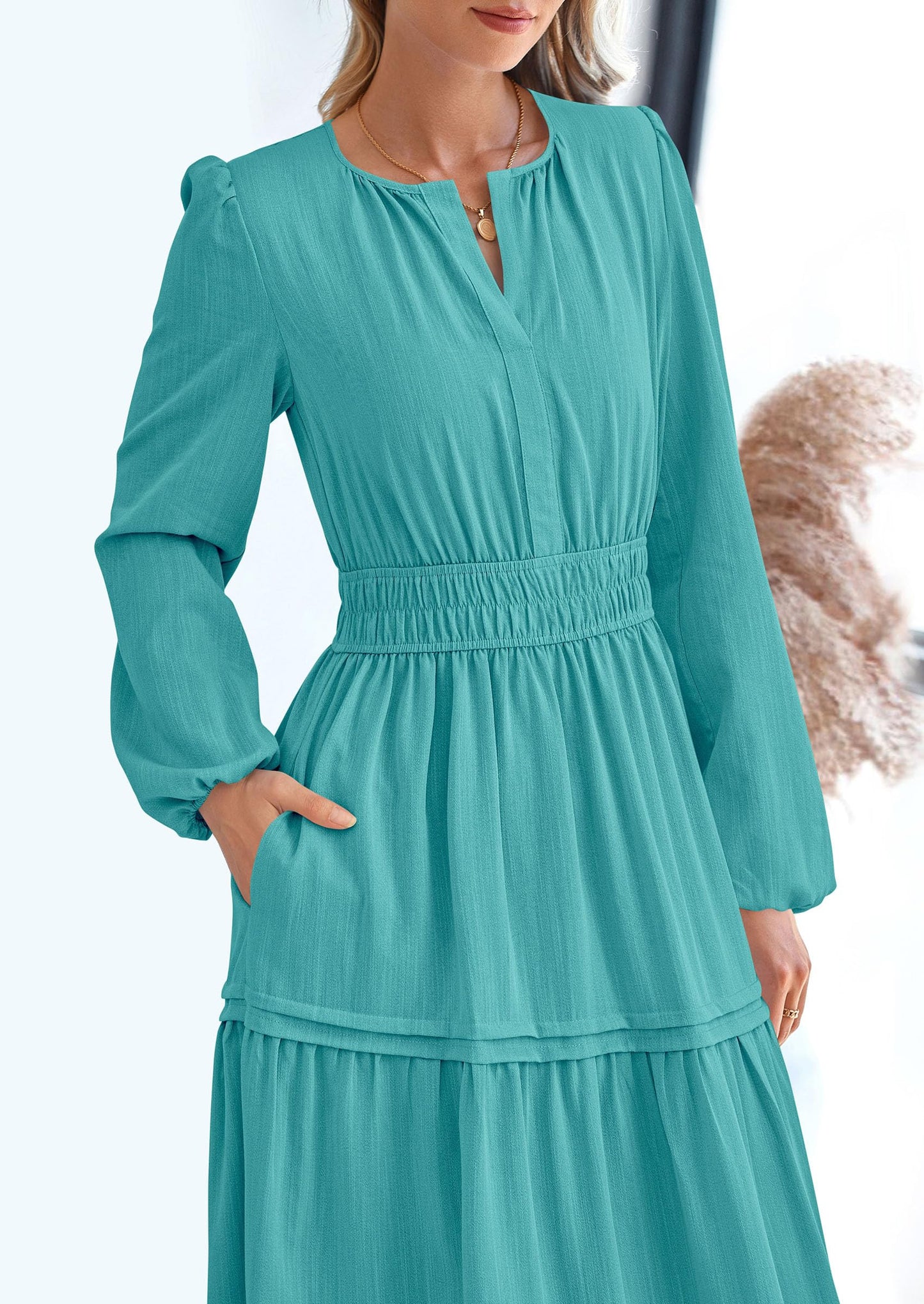 Women's Elegant Maxi Dresses Long Sleeve V Neck Flowy Pockets Casual Modest Dress Fall Fashion Clothes