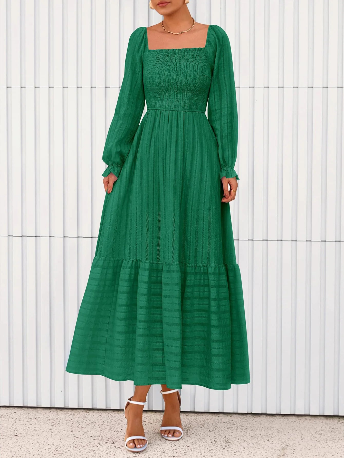 BTFBM Women Maxi Fall Dresses Long Sleeve Solid Color Square Neck Smocked Boho Long Wedding Guest Dress