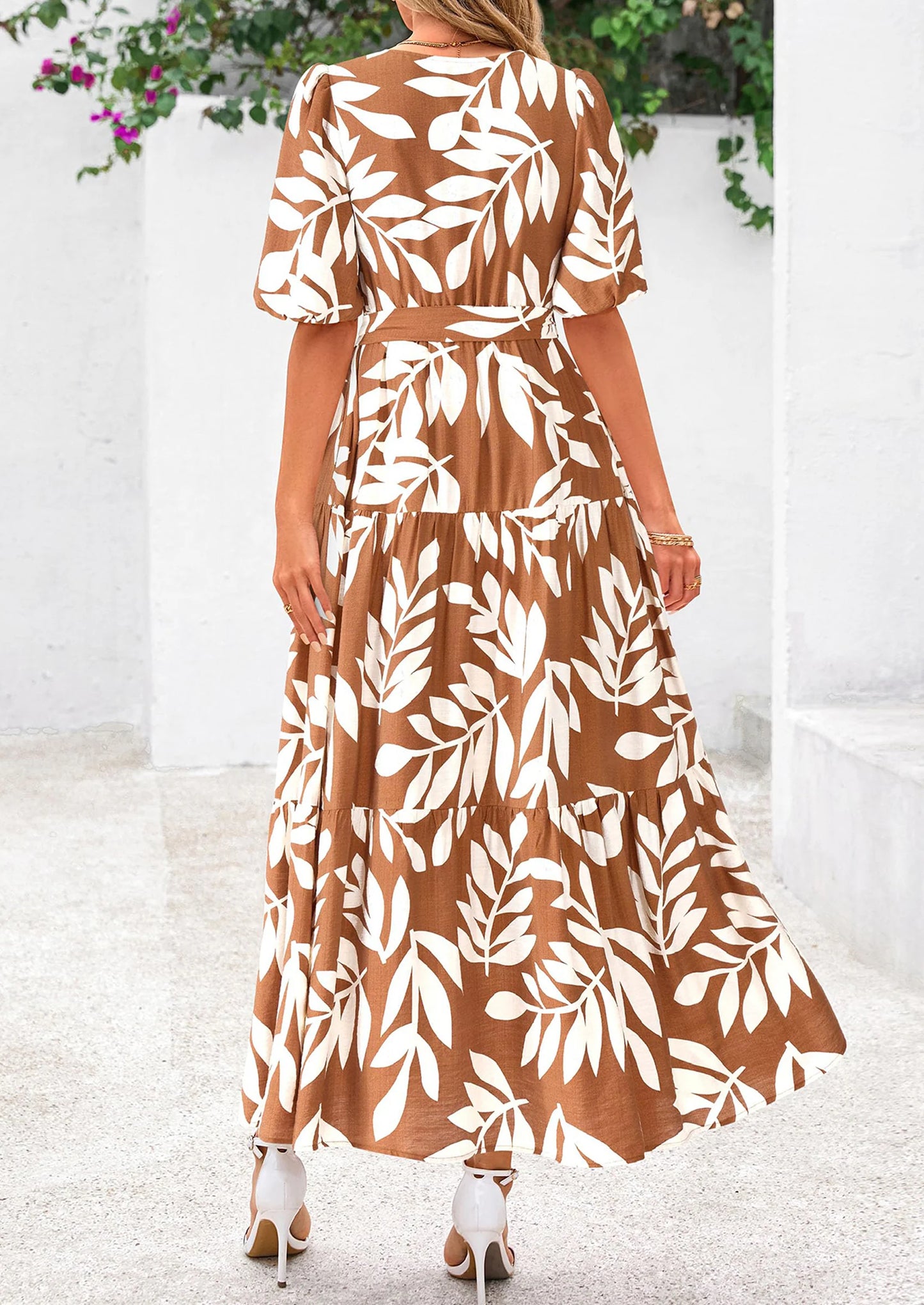 Women's Maxi Dress Resort Wear Boho Floral V Neck Puff Short Sleeve Ruffle Flowy Beach Long Dresses