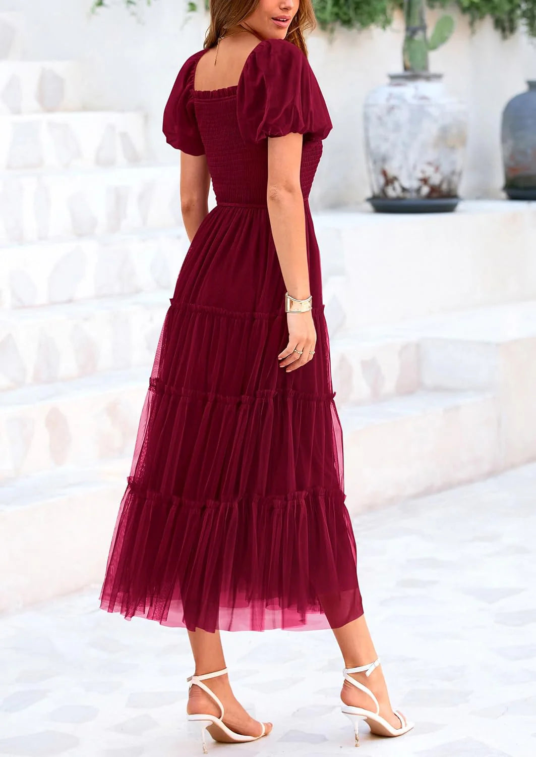 Women's Smocked Tulle Midi Dress Square Neck Puffy Short Sleeve Ruffle Wedding Guest Party Dresses