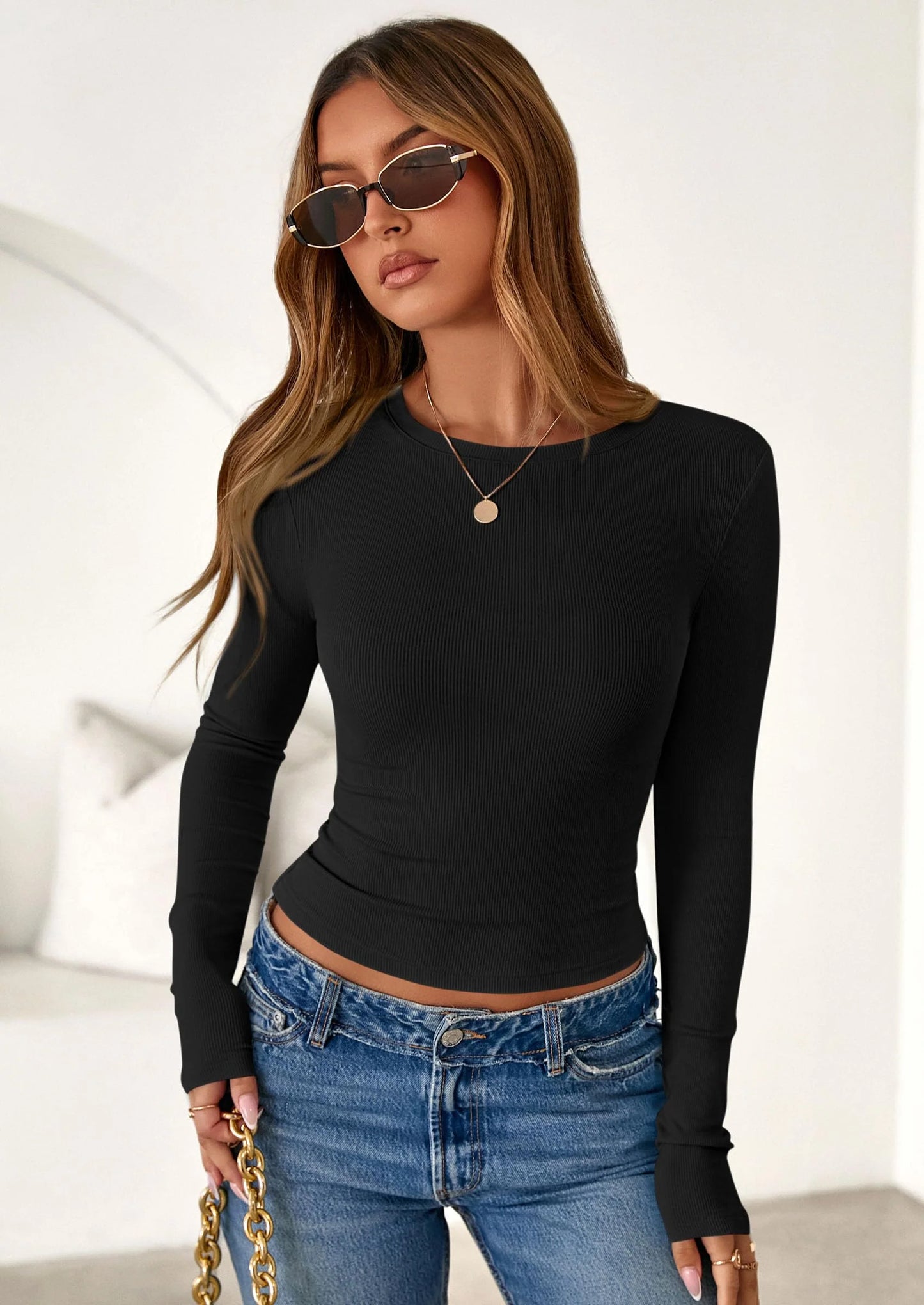 Womens Summer Fall Long Sleeve Shirts Ribbed Knit Fitted Basic Tee Going Out Tops Underscrub Casual Outfits