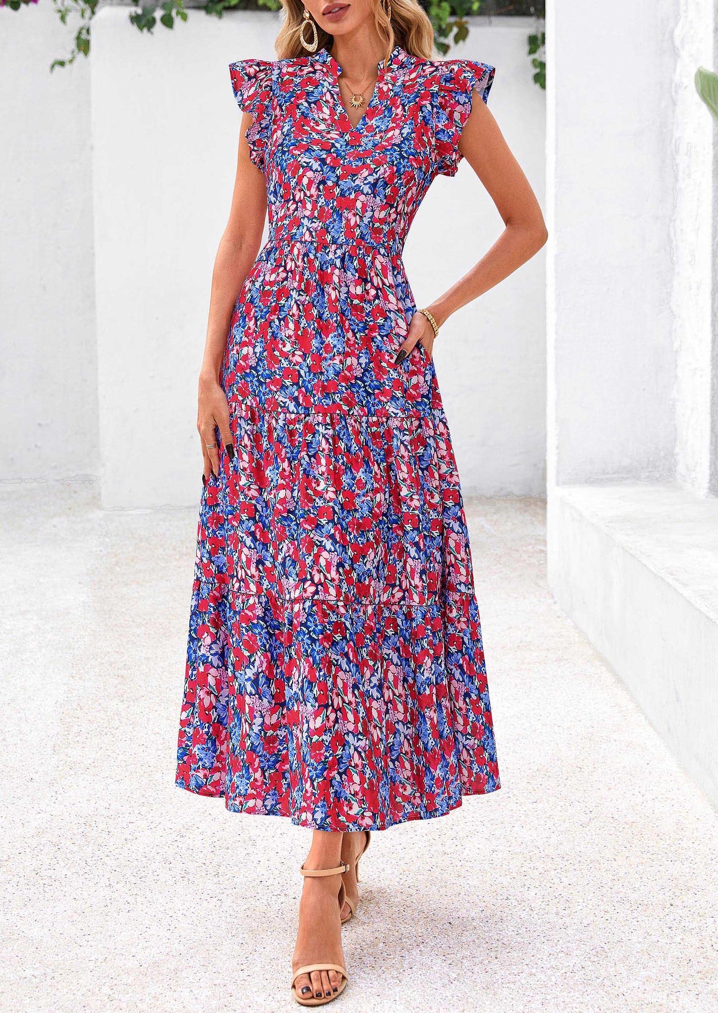 Women's Summer Floral Midi Dress Cap Sleeve V Neck Ruffle Long Flowy Boho Casual Beach Vacation Dresses