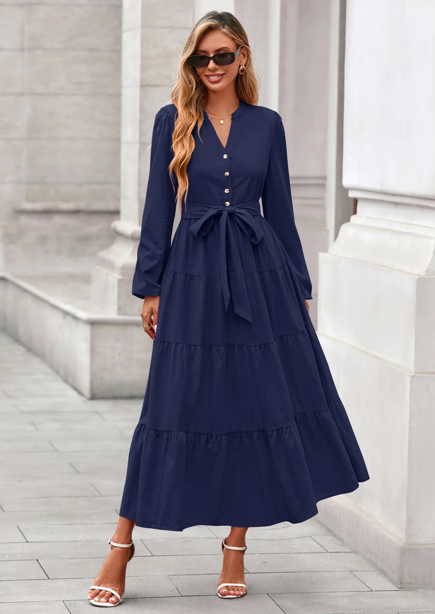 Fall Dresses for Women Long Sleeve V Neck Belted Ruffle A Line Flowy Boho Maxi Wedding Guest Dress Pockets