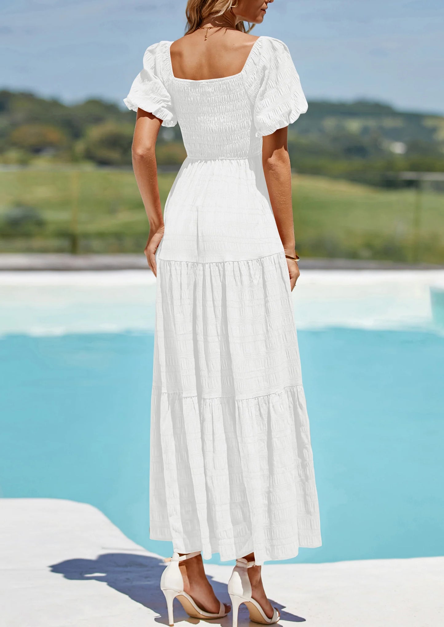 Womens Summer Puff Short Sleeve Maxi Dress Square Neck Smocked Tiered Ruffle A Line Long Flowy Beach Dresses
