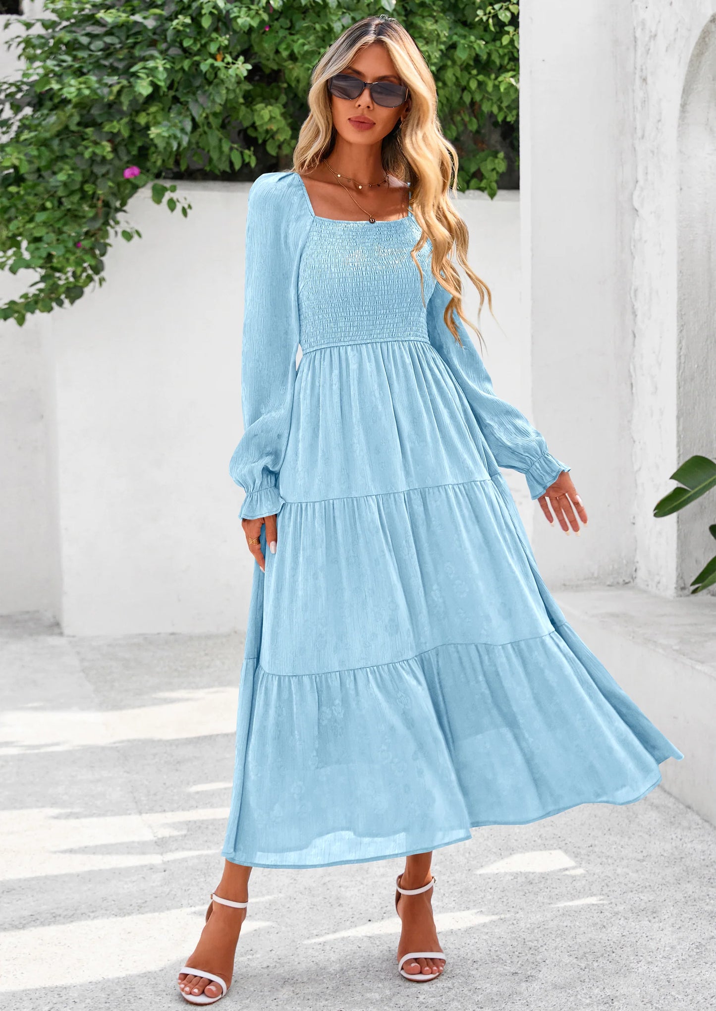 Fall Wedding Guest Dresses for Women Floral Long Sleeve Smocked Tiered Elegant Long Flowy Boho Dress