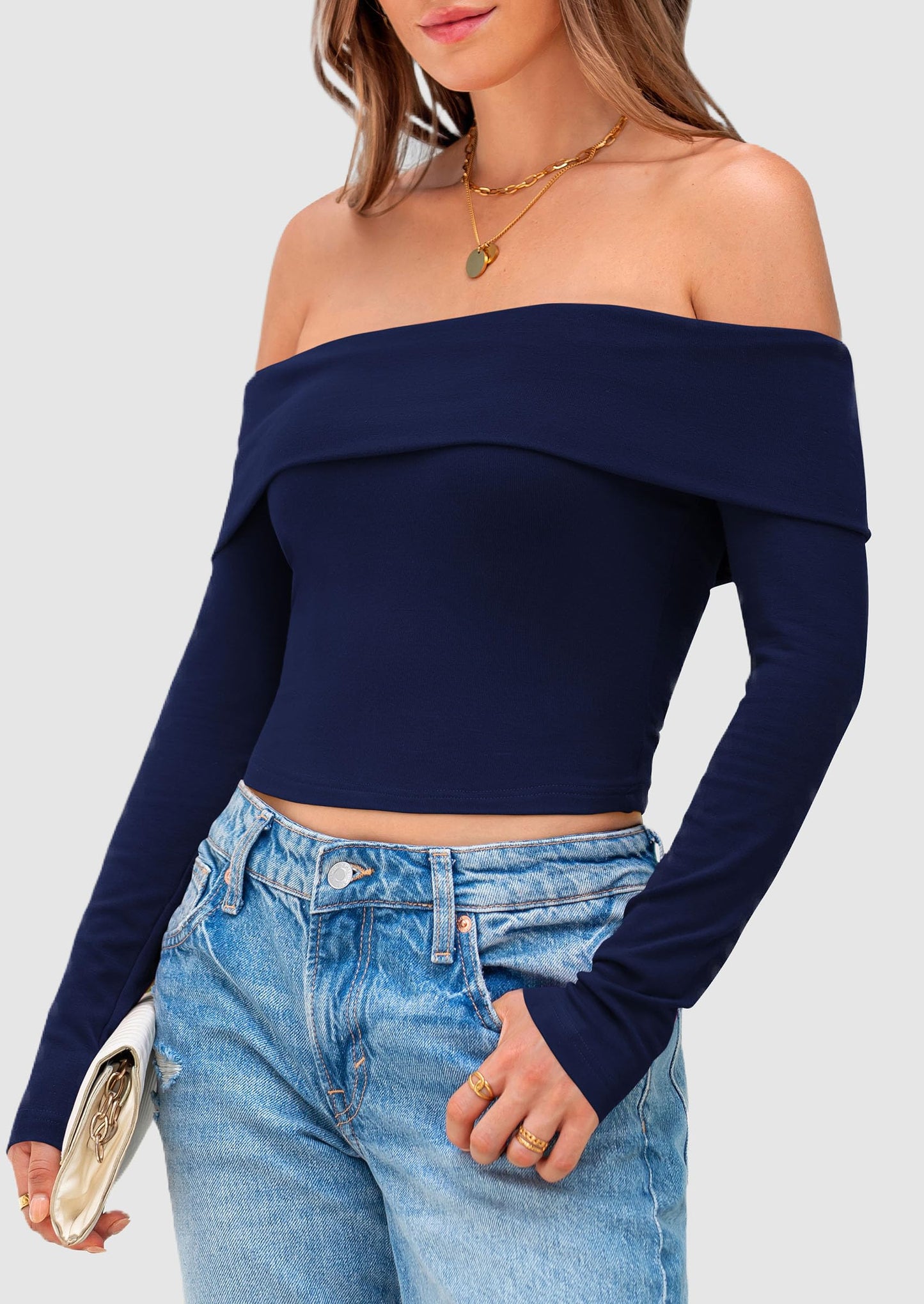 Off The Shoulder Tops for Women Long Sleeve Shirts Trendy Going Out Crop Top Spring Fashion Clothes