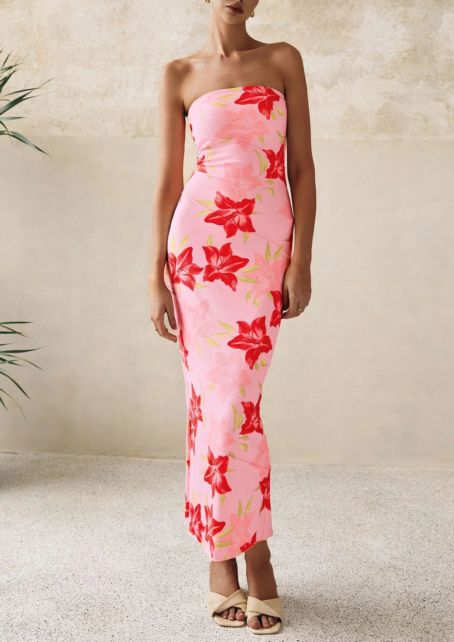 Women's Floral Bodycon Maxi Dresses Ribbed Strapless Tube Casual Boho Party Long Dress