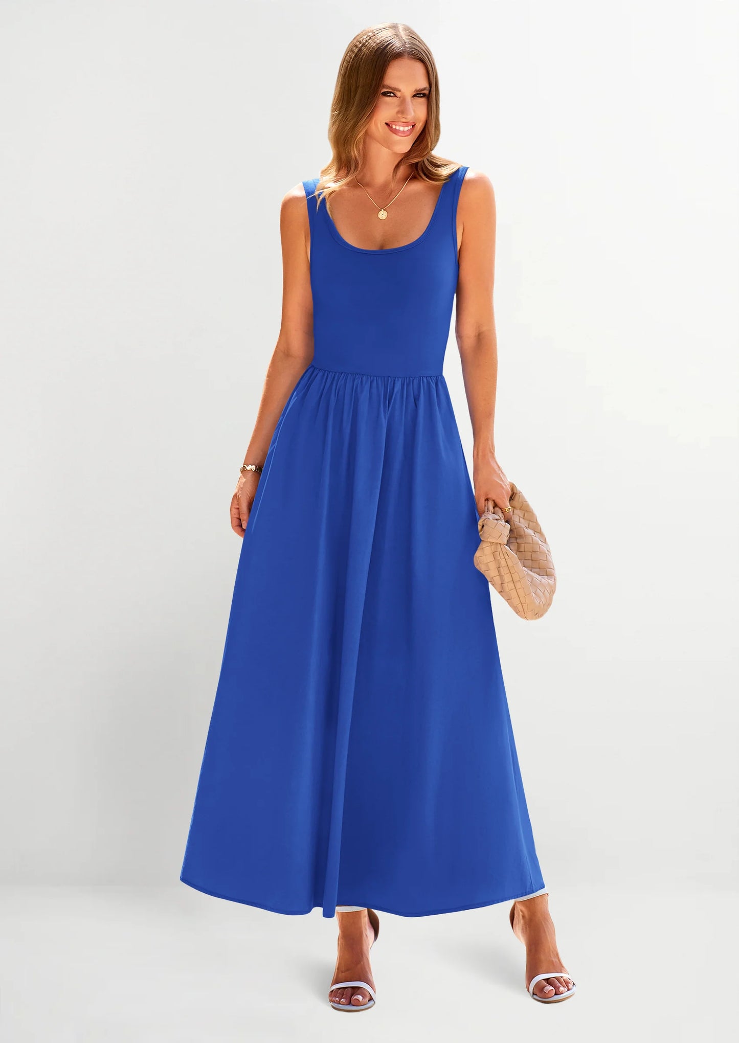Womens Summer Casual Scoop Neck Sleeveless Long Dresses Tank Top Patchwork Aline Swing Maxi Dress with Pockets