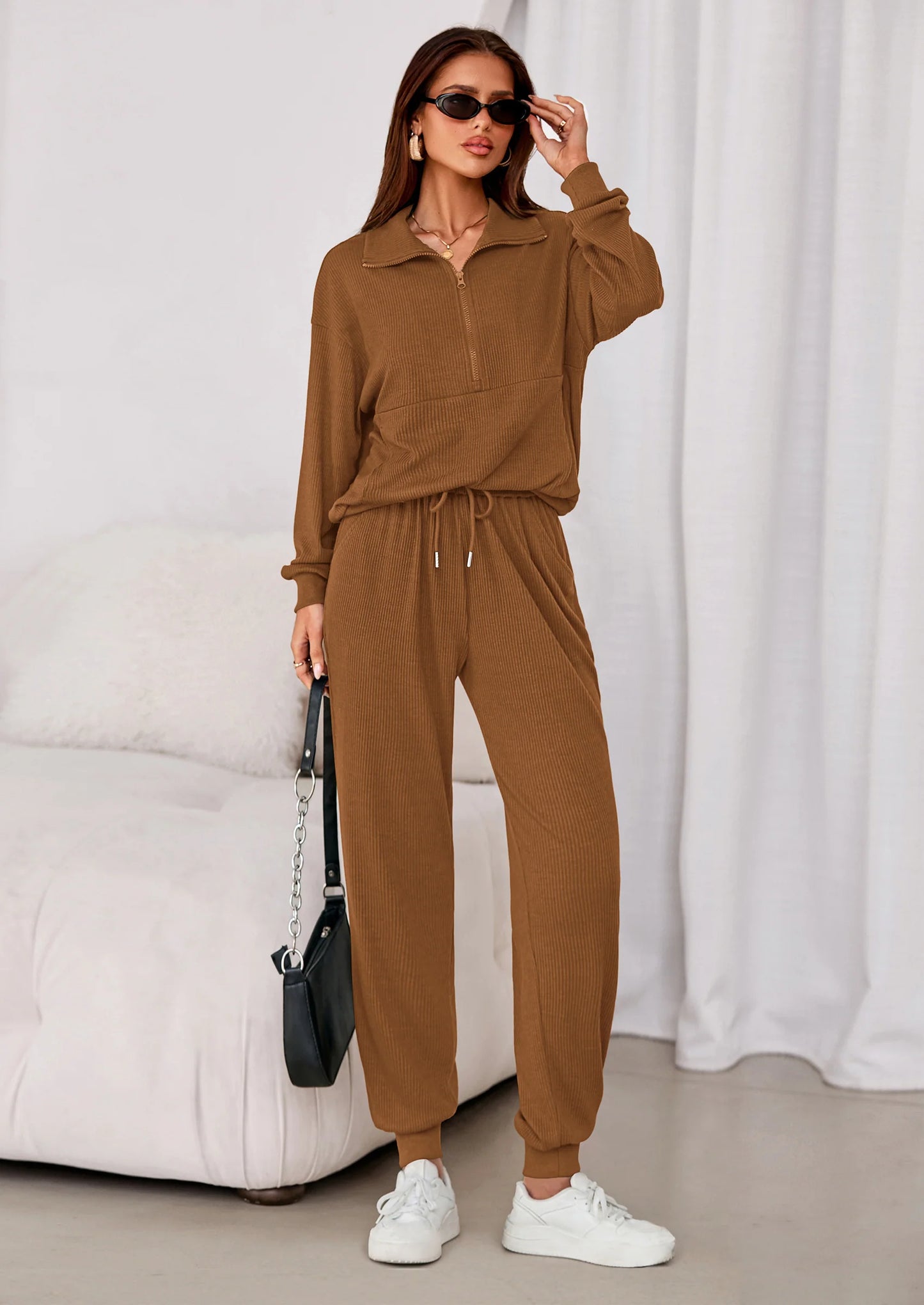 Women's Fall 2 Piece Lounge Sets Zip Up Sweatshirt Jogger Pants Sweat Track Suits Travel Outfit Winter Clothing