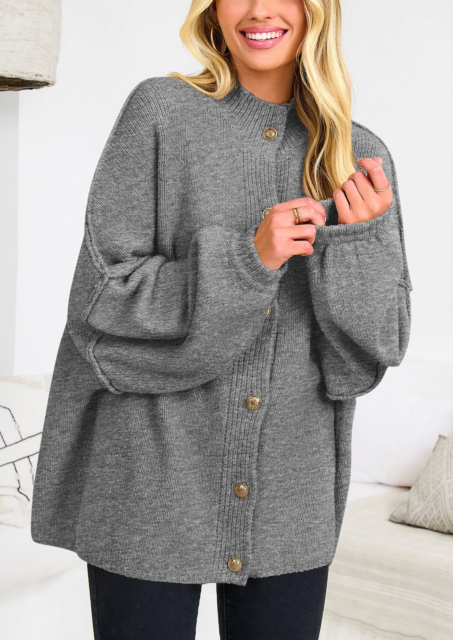 Women's Winter Button Down Cardigan Sweaters Mock Neck Lantern Long Sleeve Chunky Knit Jacket Trendy Outerwear