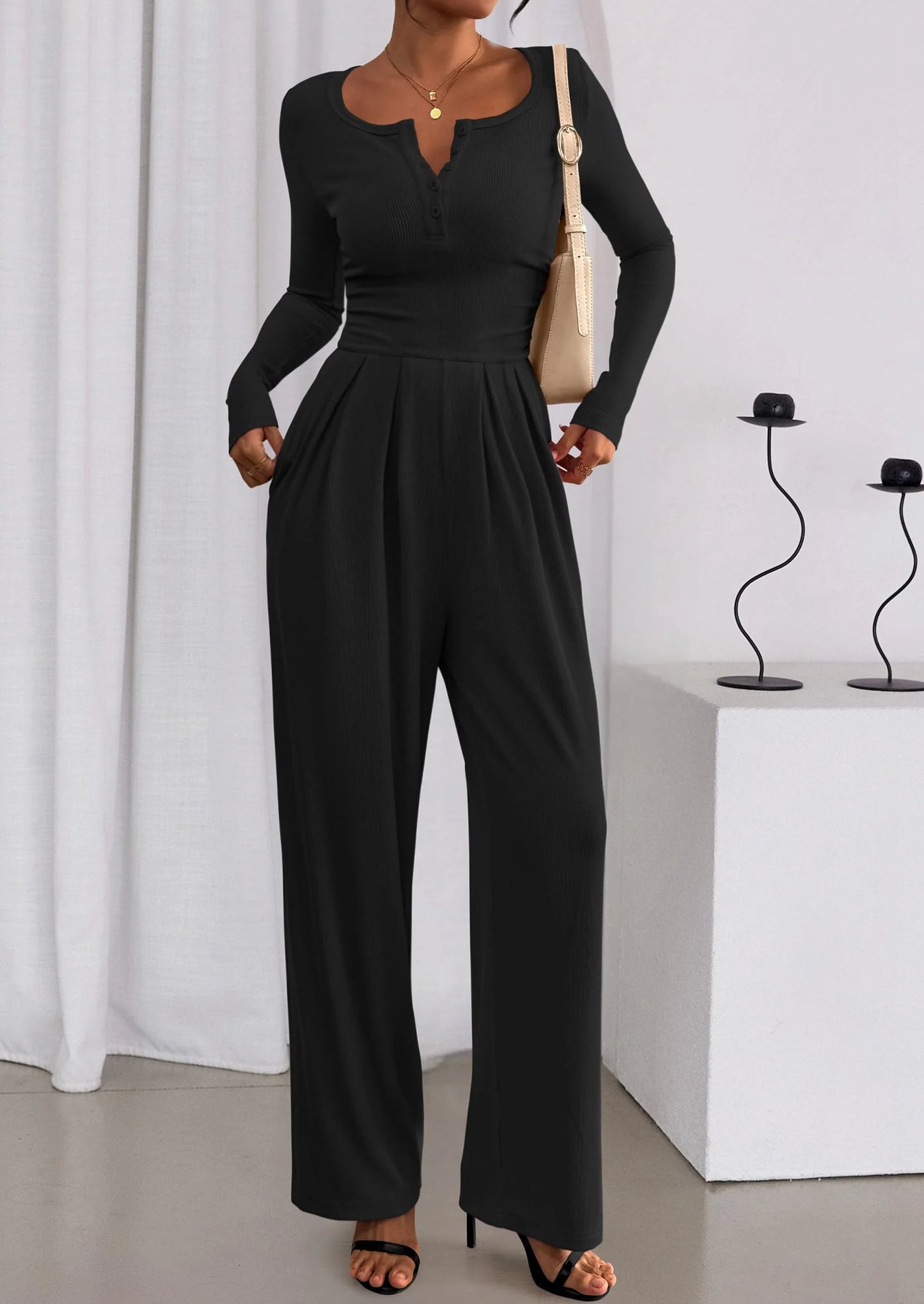 Jumpsuits for Women Dressy Casual Fall One Piece Outfits Long Sleeve Crew Neck Wide Leg Pants Rompers