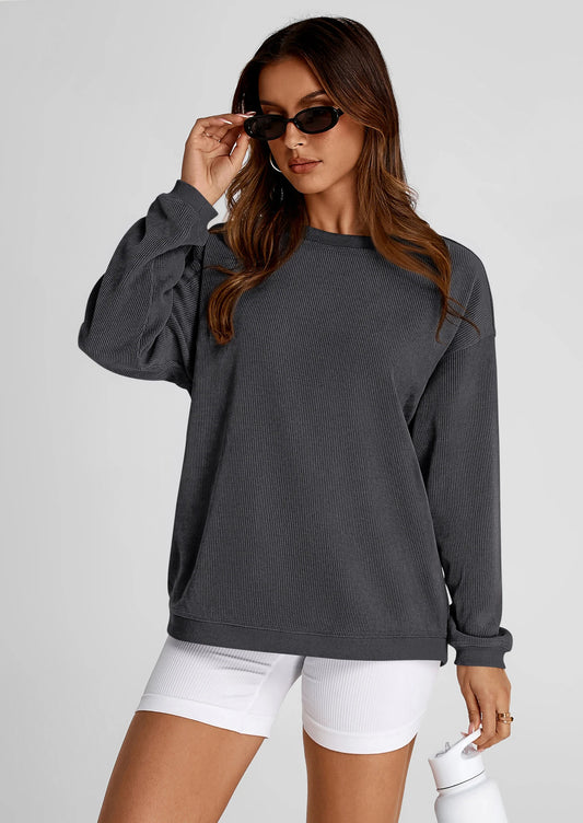 Women's Oversized Sweatshirt 2025 Fall Fashion Clothes Ribbed Corduroy Long Sleeve Going Out Pullover Tops