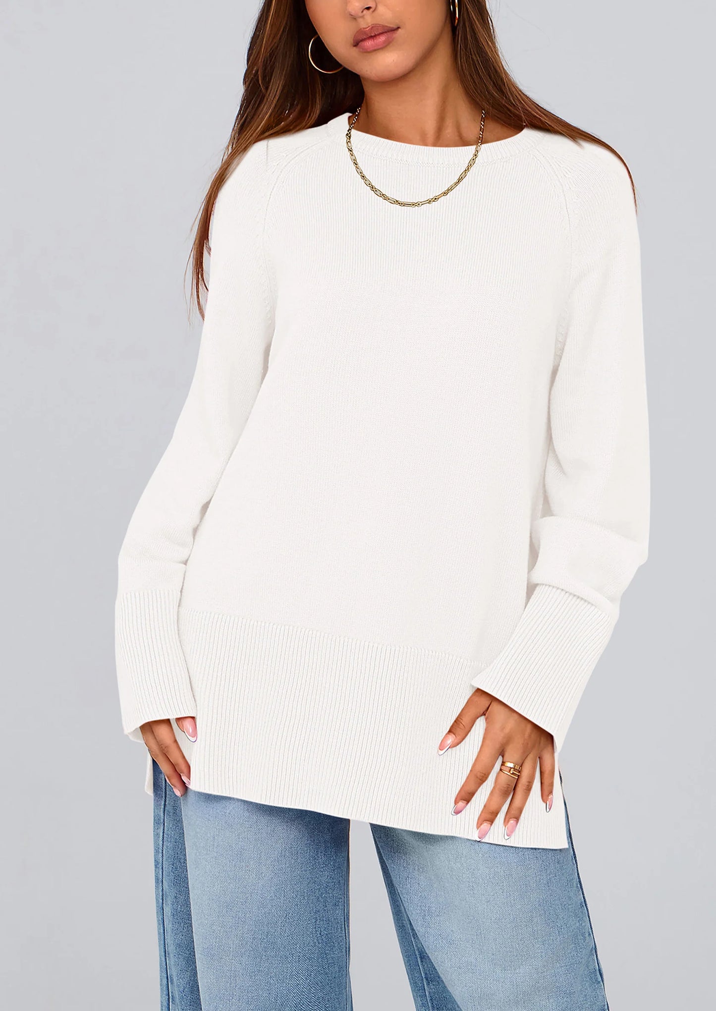 Women's Knit Fall Sweaters Long Sleeve Pullover Crewneck Split Hem Oversized Tunic Sweater Tops Winter Clothing