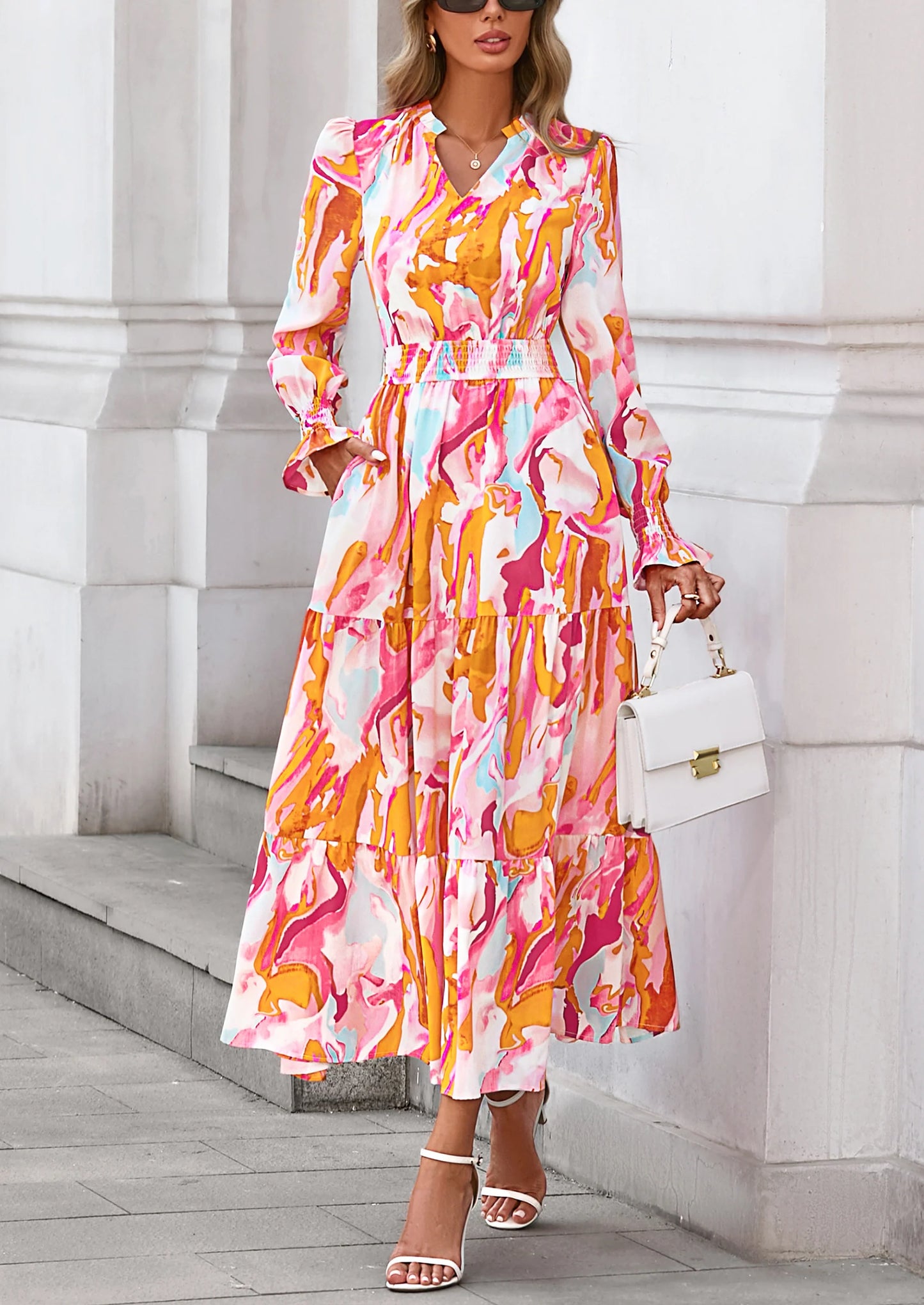 Women's Floral Maxi Dress Spring Long Sleeve V Neck Casual A Line Long Flowy Boho Party Dresses