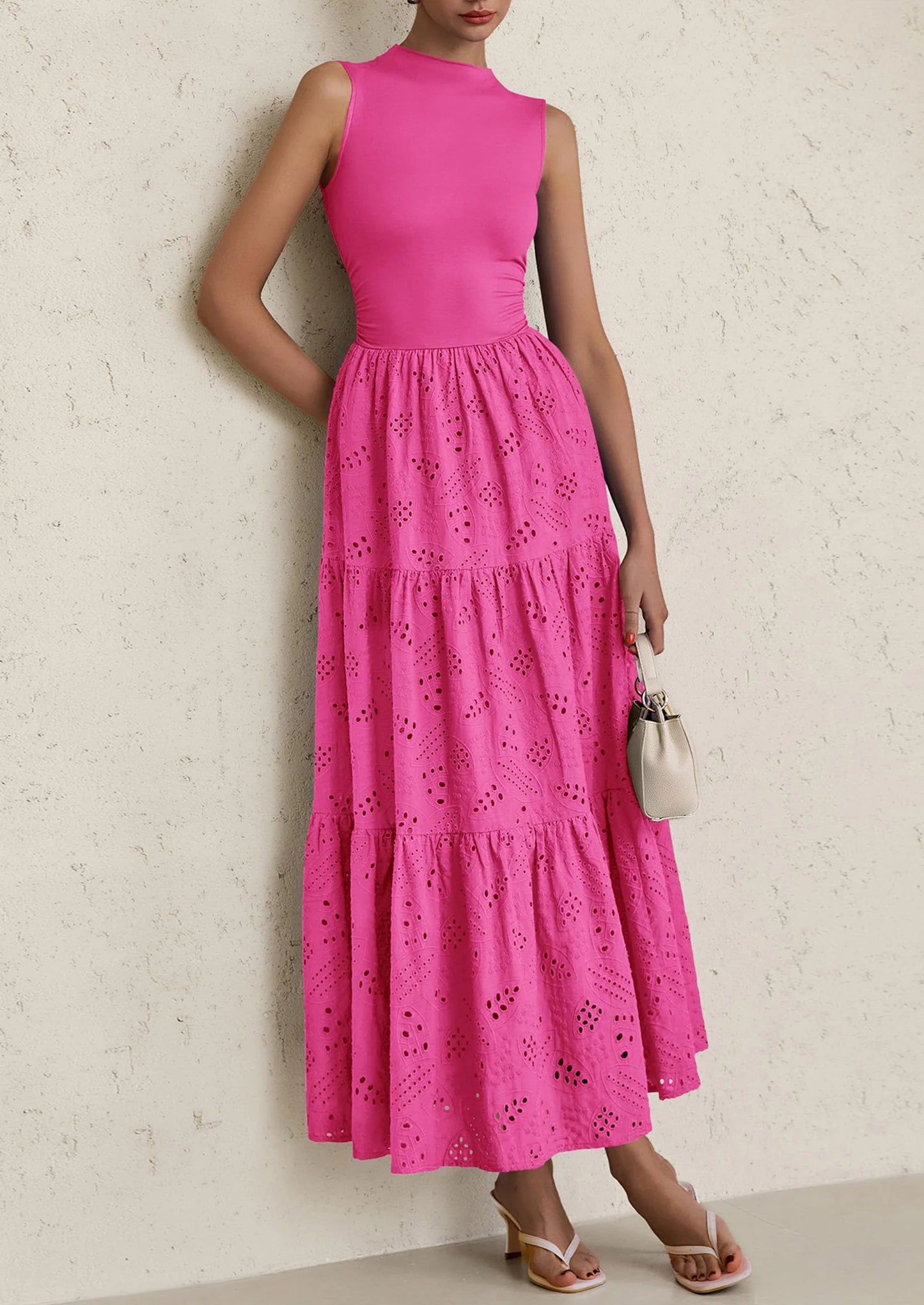 Dresses for Women Casual Eyelet Sleeveless Wedding Guest Maxi Dress Tank Top Sundress with Pockets