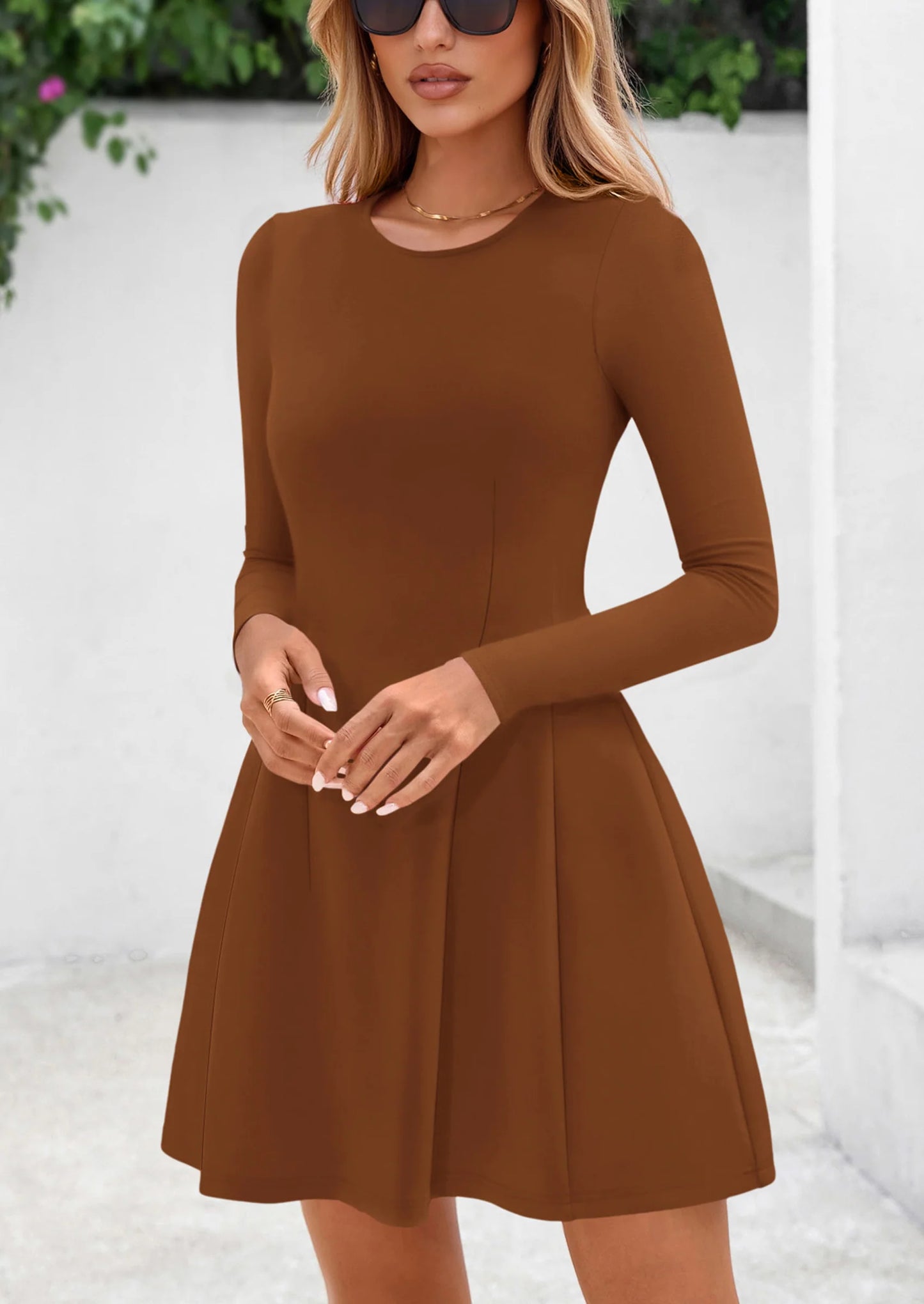 Long Sleeve Mini Dress for Women Fall Crewneck Knit Pleated Babydoll A Line Soft Casual Short Party Dresses