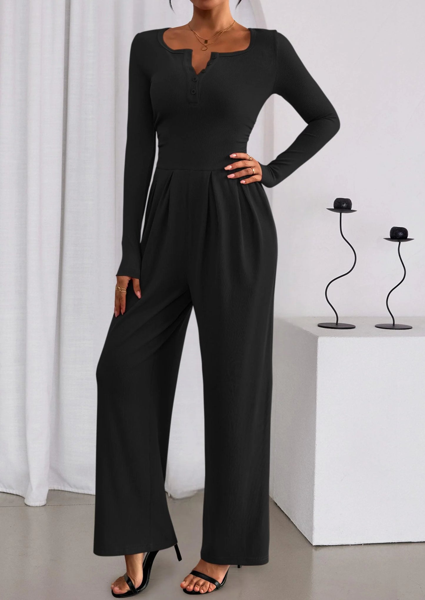Jumpsuits for Women Dressy Casual Fall One Piece Outfits Long Sleeve Crew Neck Wide Leg Pants Rompers