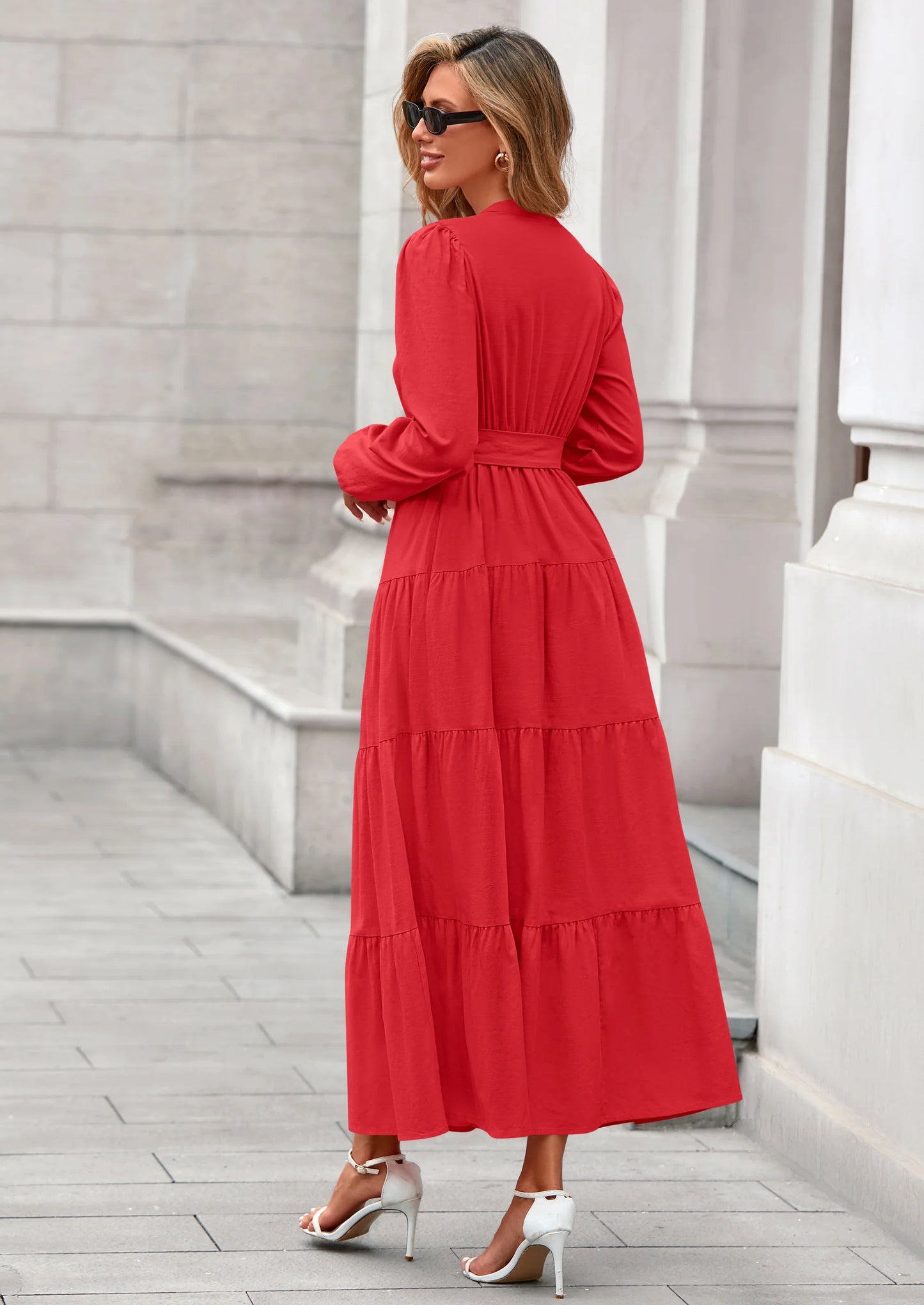 Fall Dresses for Women Long Sleeve V Neck Belted Ruffle A Line Flowy Boho Maxi Wedding Guest Dress Pockets