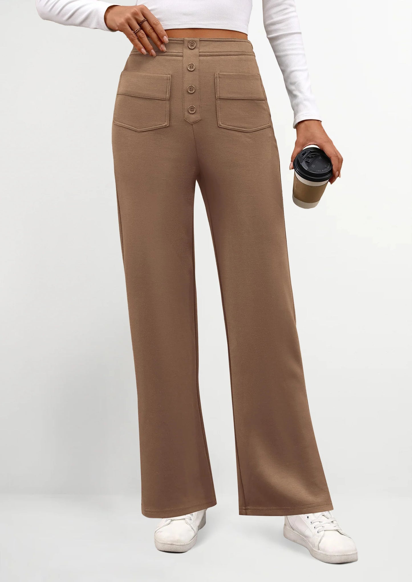 Women's Dressy Casual Dress Pants Straight Leg High Elastic Waisted Stretch Trouser Slacks