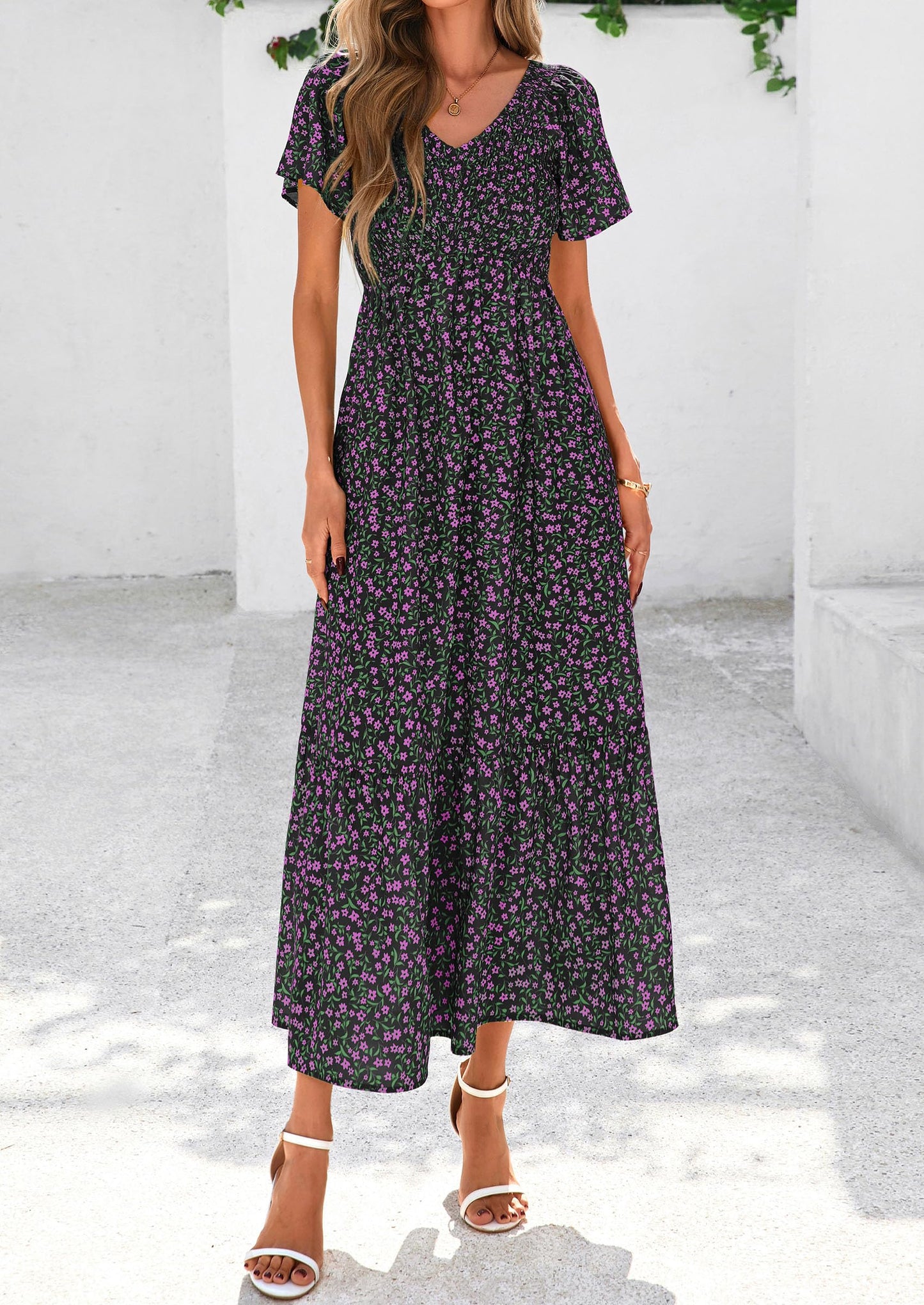 Women Floral Boho Maxi Dresses Short Sleeve V Neck Smocked A Line Long Flowy Beach Vacation Dress