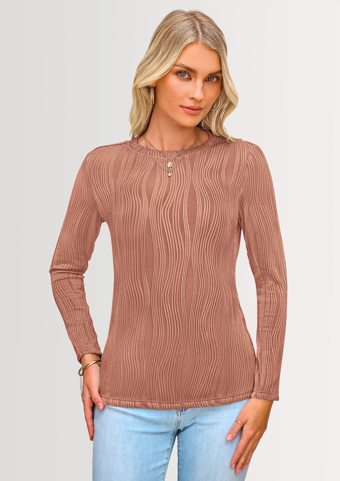 Long Sleeve Tops for Women Spring Fall Trendy Business Dressy Casual Shirts Crewneck Textured Blouse