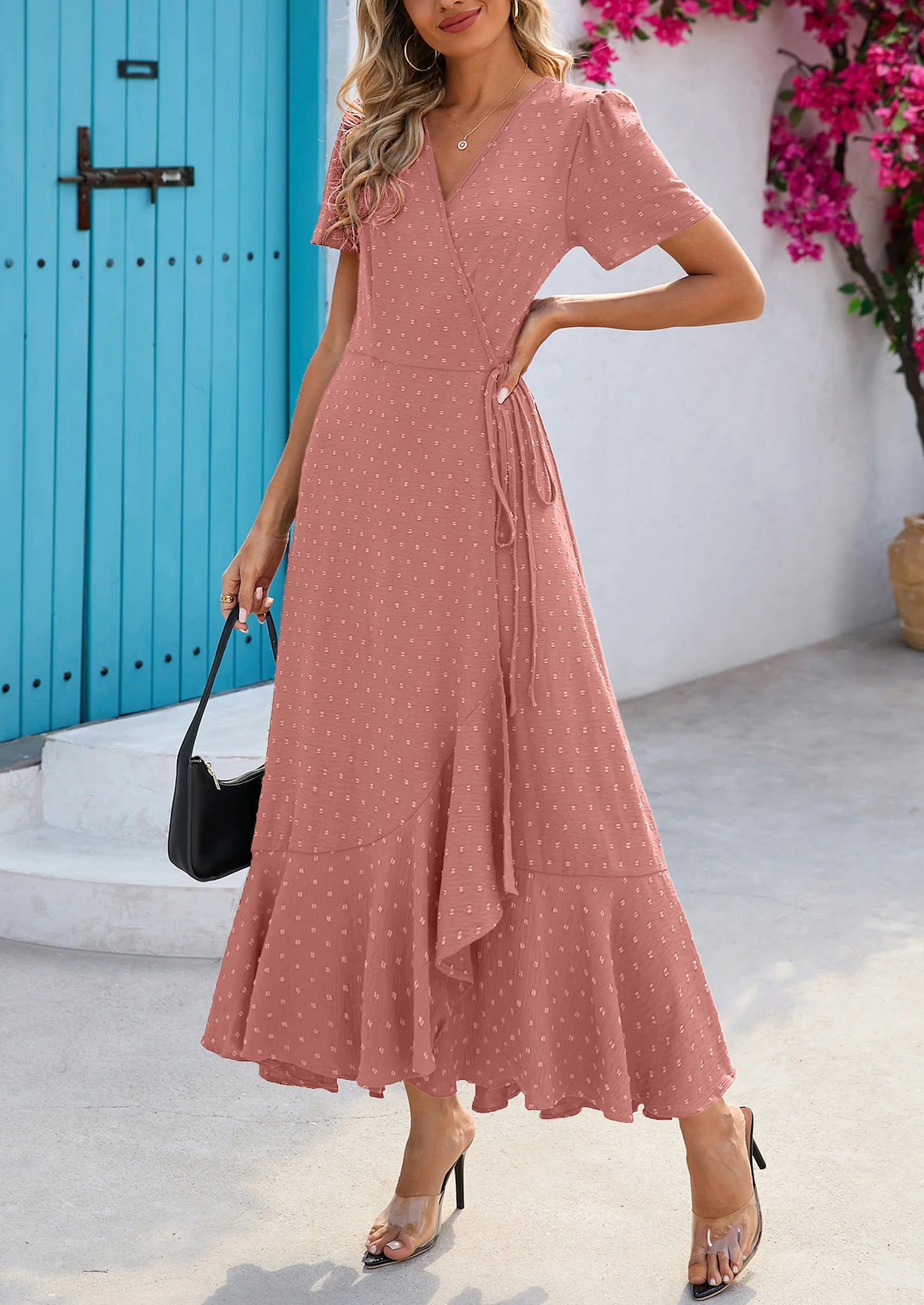 Women's Summer Maxi Dress Casual Wrap Floral Boho Short Sleeve V Neck Split Ruffle Beach Long Dresses