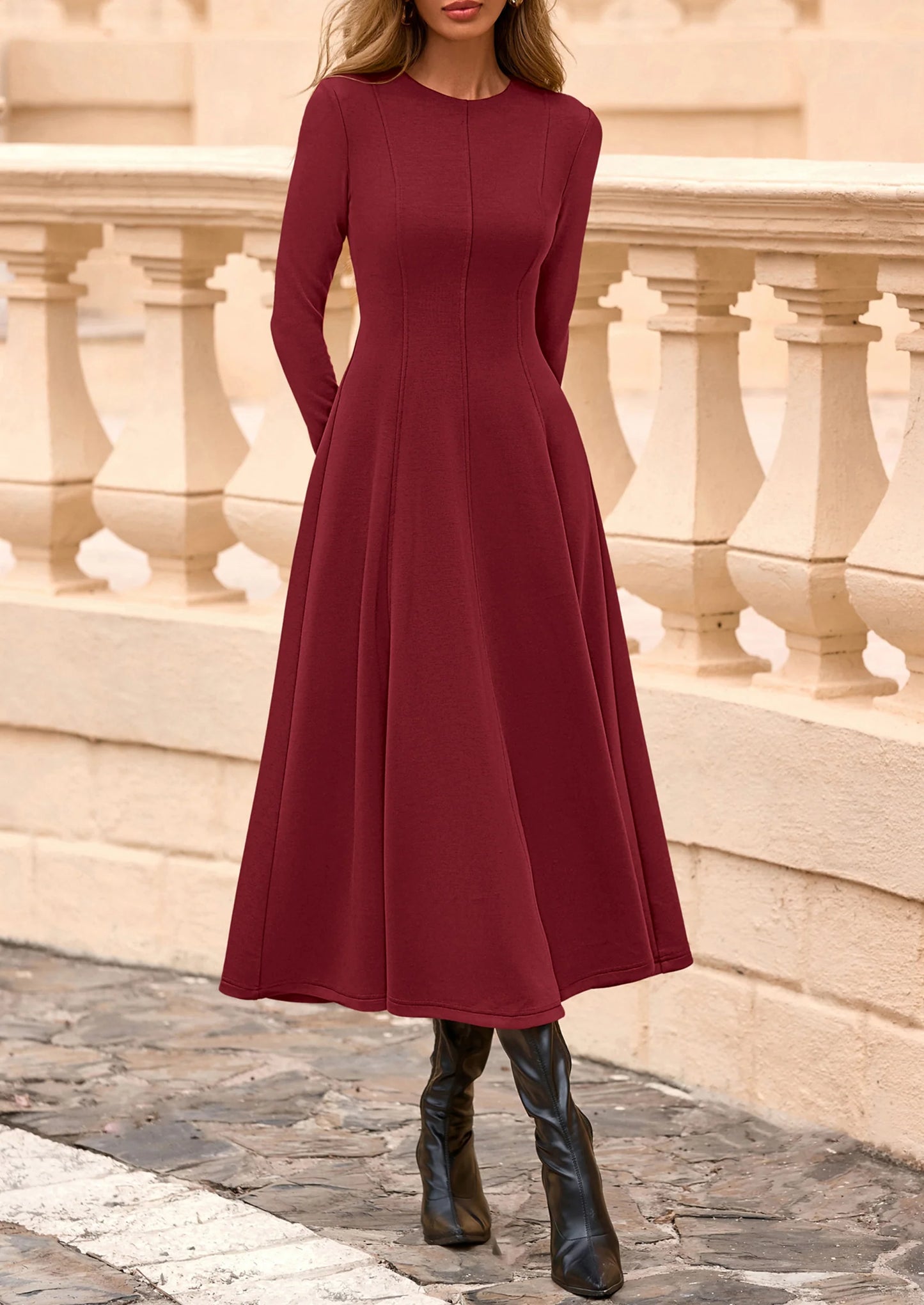 Women's Fall Long Sleeve Midi Dress Casual Elegant Ruffle Flowy A Line Swing Cocktail Party Dresses