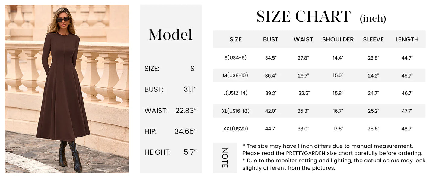 Women's Fall Long Sleeve Midi Dress Casual Elegant Ruffle Flowy A Line Swing Cocktail Party Dresses