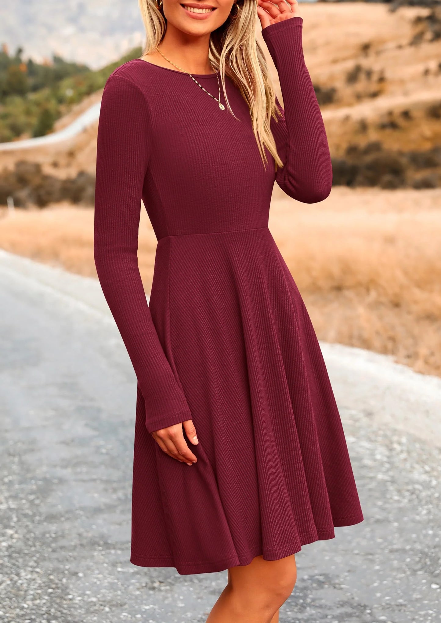 Women's Spring Fall Short Dress Ribbed Knit Crewneck Long Sleeve A Line Flowy Casual Elegant Going Out Dresses