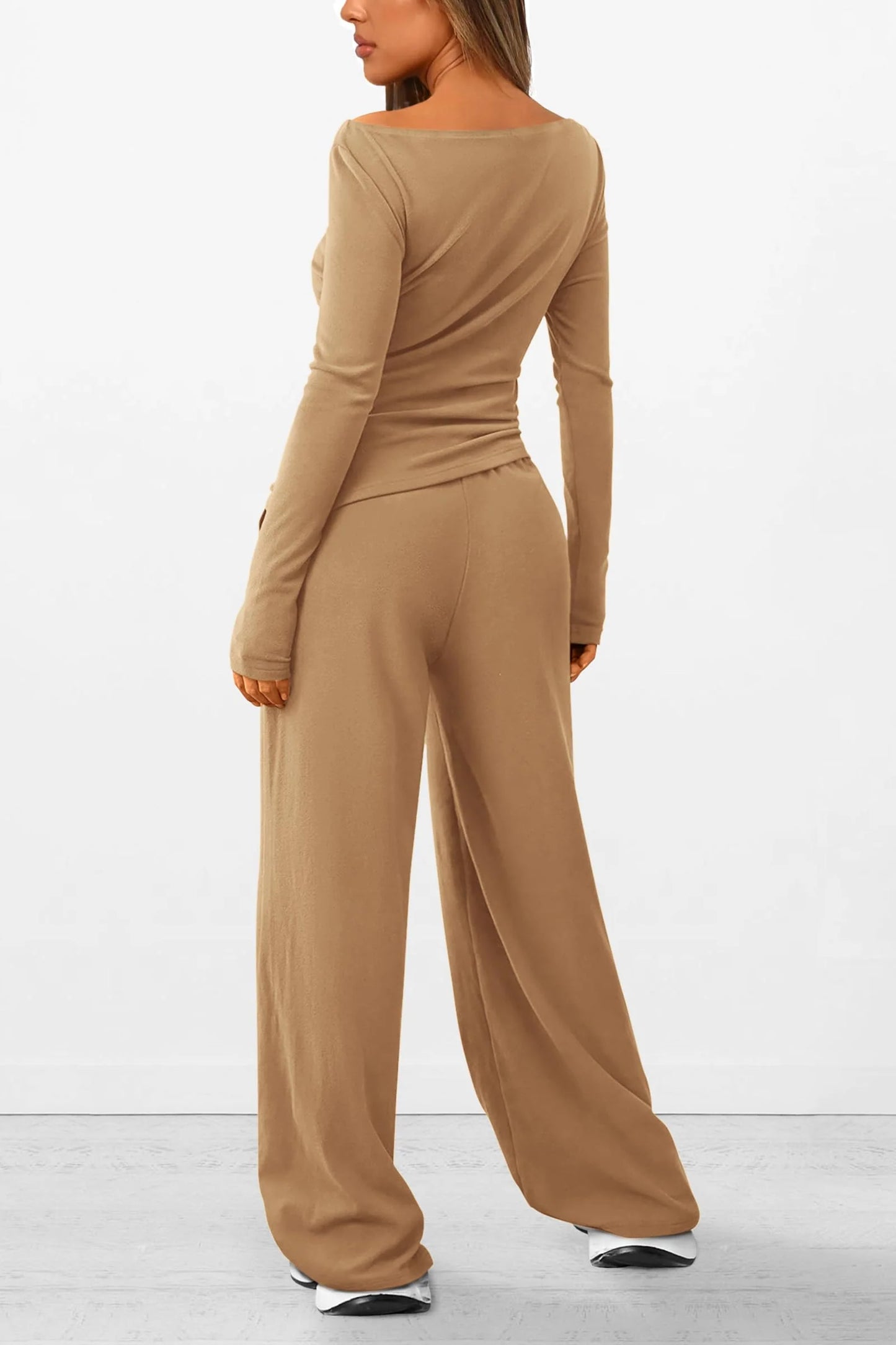 Women's 2 Piece Lounge Sets Asymmetrical Long Sleeve T Shirt Wide Leg Pants Casual Outfits Tracksuit