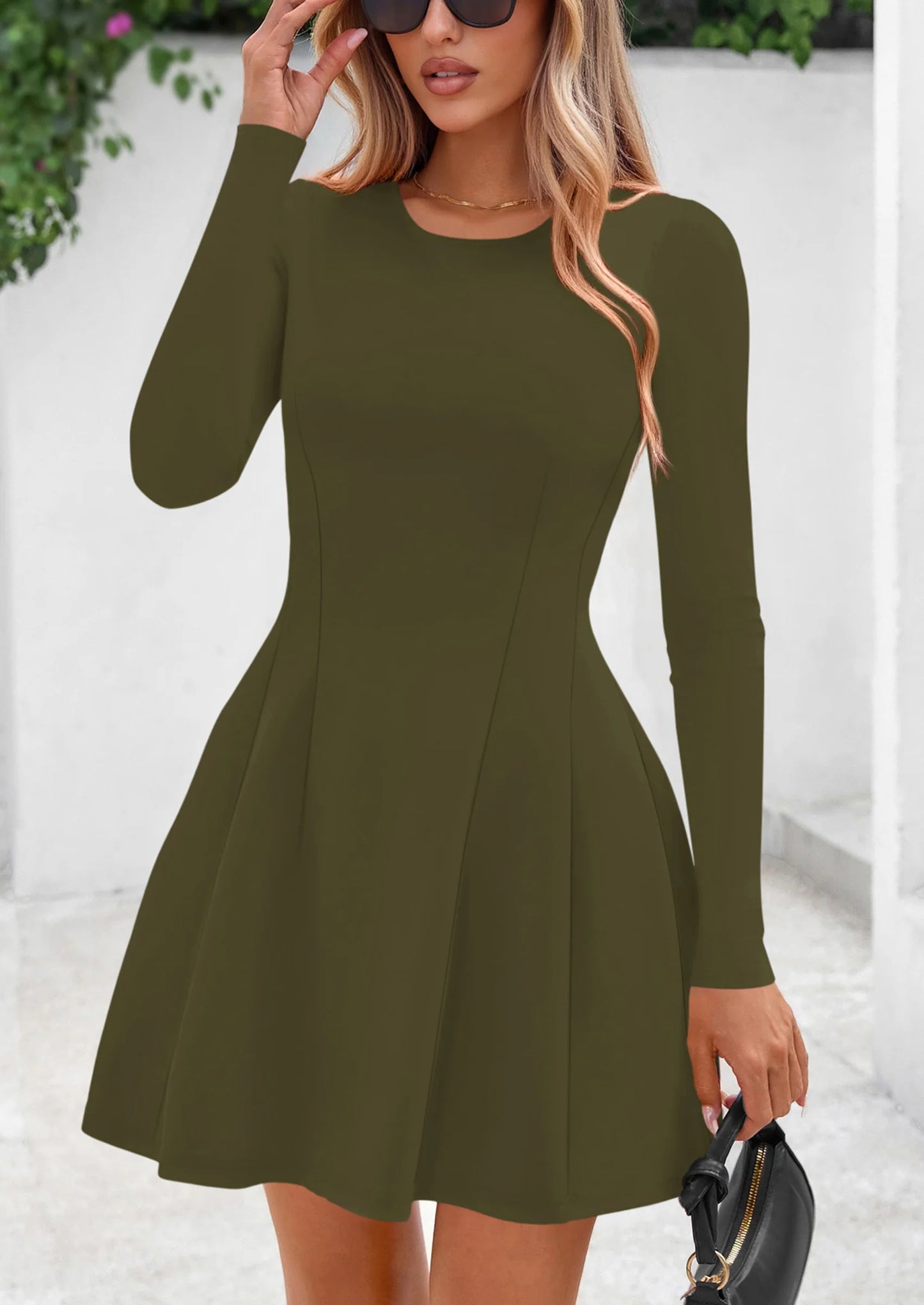 Long Sleeve Mini Dress for Women Fall Crewneck Knit Pleated Babydoll A Line Soft Casual Short Party Dresses