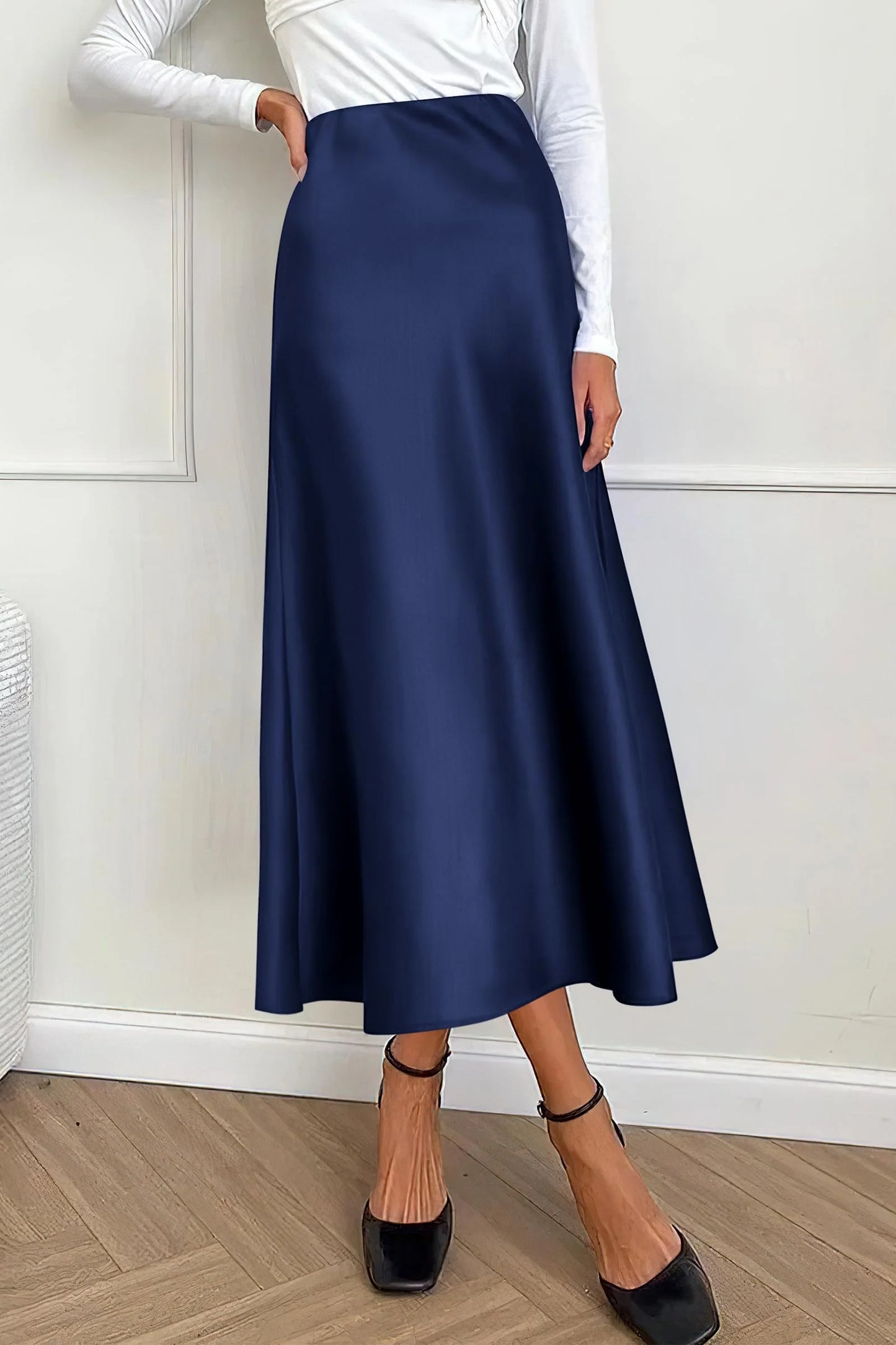 Women's Satin Skirts Dressy Casual Fall High Waisted Cocktail Wedding Flowy Elegant A Line Midi Skirt