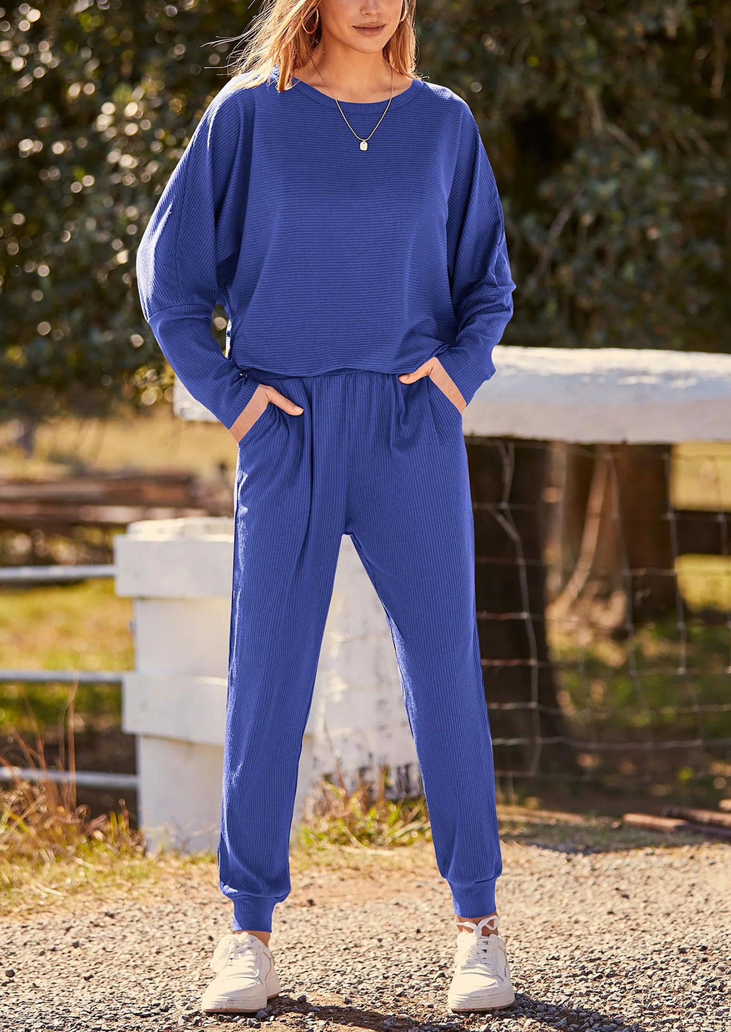 Women's Fall 2 Piece Lounge Set Long Sleeve Tops Ribbed Pants Spring Matching Sweatsuit Travel Outfits Clothes