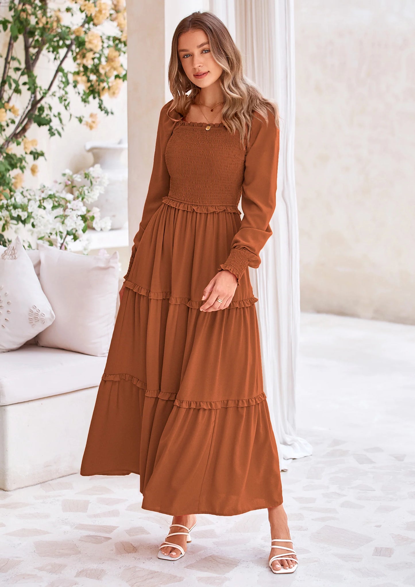 Fall Wedding Guest Dresses for Women Long Sleeve Square Neck Tiered A Line Modest Elegant Flowy Dresses